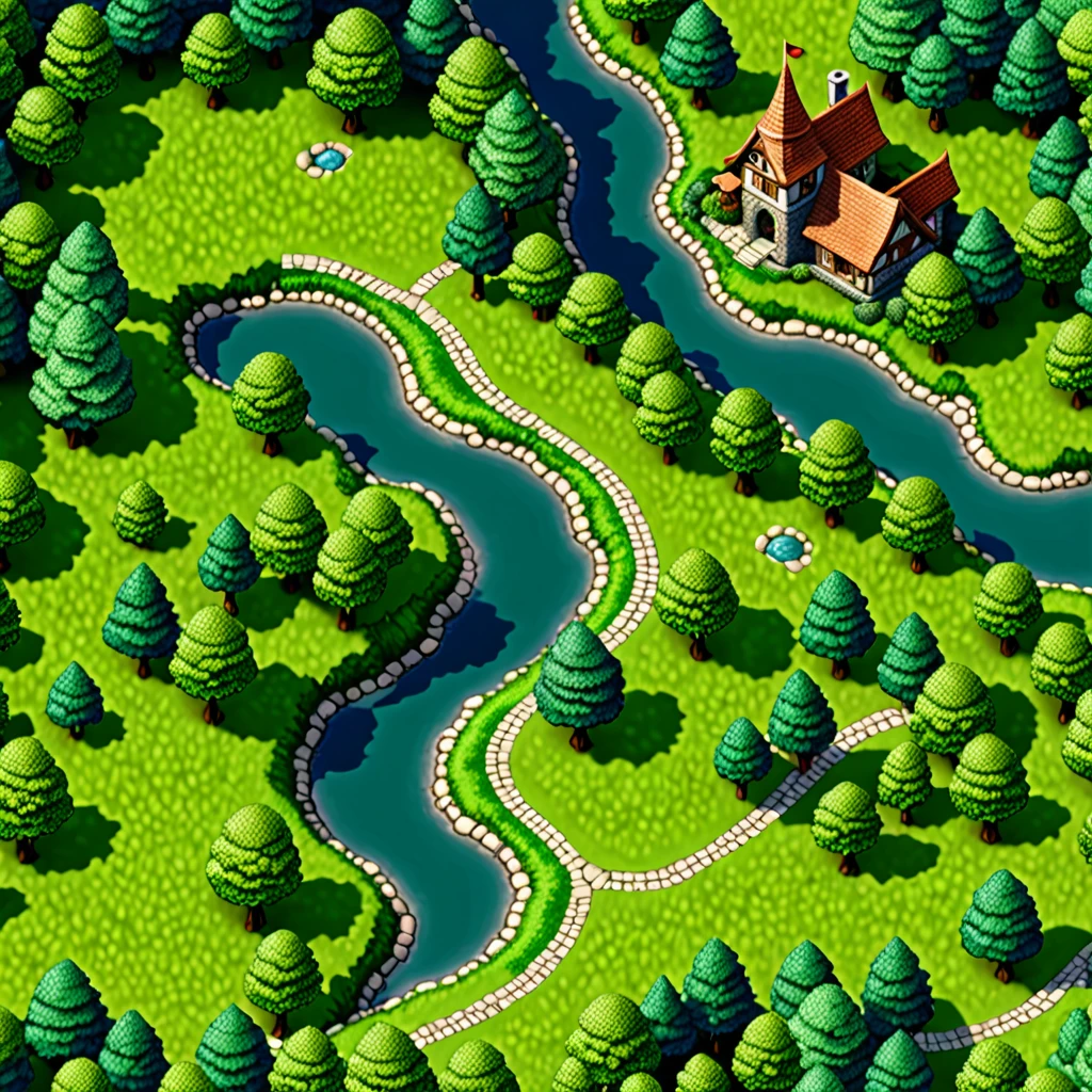 A highly detailed 3D rpg maker style map, lush forest, rolling hills, winding river, detailed vegetation, fantasy architecture, cobblestone paths, top-down rpg maker style camera, intricate details, photorealistic, 8K, best quality, masterpiece