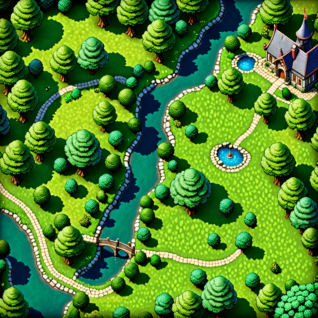 A highly detailed 3D rpg maker style map, lush forest, rolling hills, winding river, detailed vegetation, fantasy architecture, cobblestone paths, top-down rpg maker style camera, intricate details, photorealistic, 8K, best quality, masterpiece