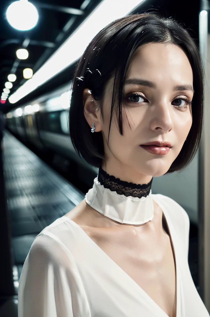 (((Ultimate Photorealistic, ultimate high-quality 32k photo))),(((American-shot photo taken from the front, looking at viewer))),(((( Seductive pose, 7 heads、Staring Intently :1.8)))),(((A pure white business blouse with a wide V-neck and extremely thin fabric., Soaking wet、She is looking straight at the camera with a very shy look on her face.。light makeup、elegant black wet middle bob。Elegant white thin choker:1.4)))。((Highest quality)), ((masterpiece)), (((detailed))), (midnight ,A modern train station platform in Tokyo on a dark, pouring, stormy night, Low Key Lighting:1.6)、(((A very beautiful, extremely elegant and intelligent 42 year old Japanese woman。Very intelligent and plump。An extremely elegant, calm and modest smile, Being drunk、My eyes are quite watery、I&#39;m very horny、embarrassed ,blush, Curvy Body、Extremely realistic, detailed and beautiful depiction of the face and waist:1.9)))、(((The skin is white and very smooth。A very hot rainy summer night、I&#39;m pretty sweaty、My clothes were soaked and pretty see-through.、When wet, it sticks tightly to the skin, revealing the beautiful lines of the body.、Through the extremely thin fabric, her skin and her navy blue, lacy, high-end underwear are clearly visible.:1.9)))。(((A simple and elegant business pencil skirt in a plain navy blue knee-length,The clothes fit the body very well:1.8))), ((Healthy Body、The line of the chest, collarbone and décolletage are extremely beautiful.:1.9))。(((large&good hips、large&nice chests )))