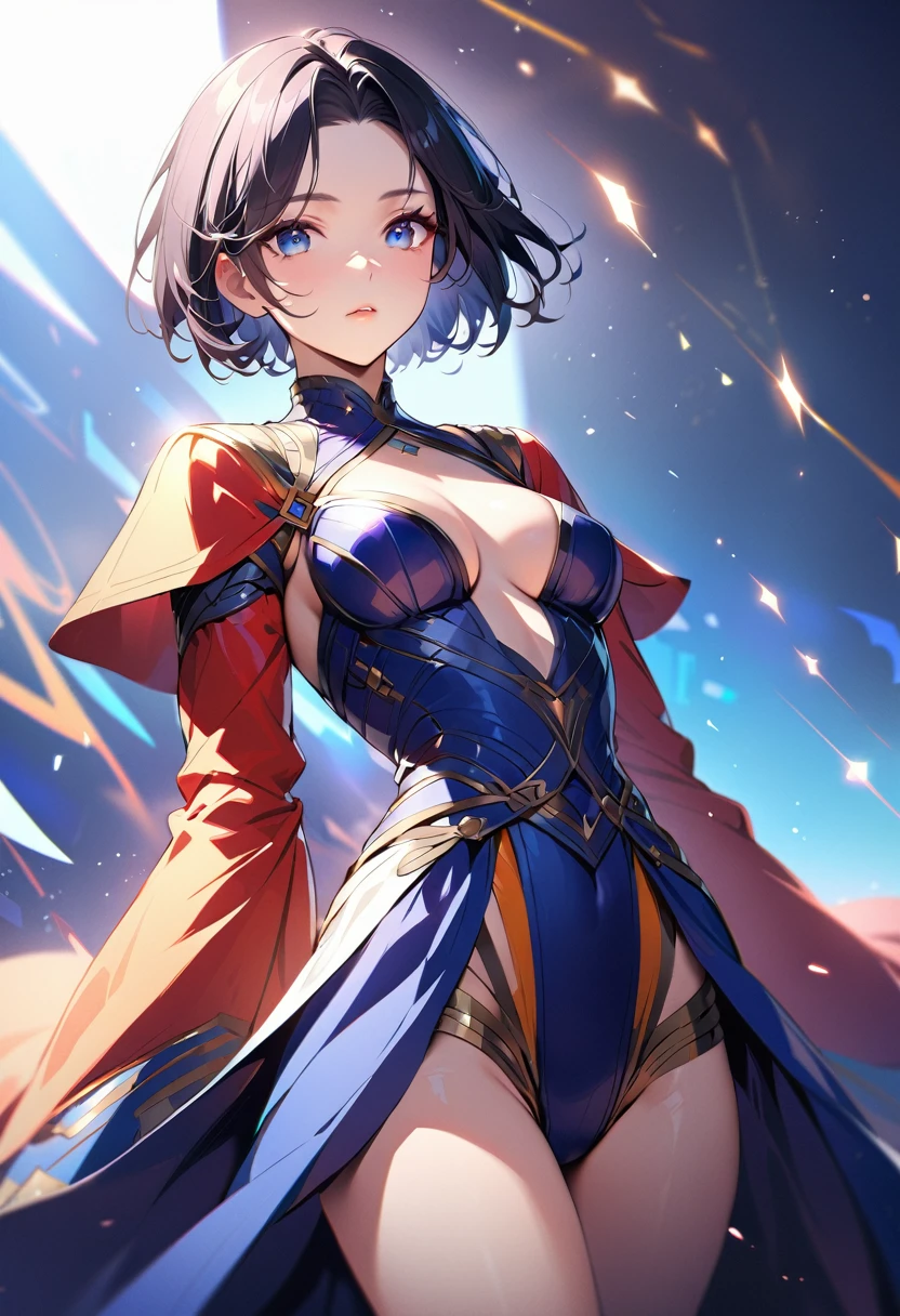 ((top quality)), ((masterpiece)), (detail), high resolution, perfect face, detailed eyes, fine eyes, depth of field, cinematic lighting, photorealistic BREAK (1 beautiful girl), medium breasts, black hair, ((pixie cut, forehead)), (Noble knightly dress), Long robe with gorgeous patterns, vibrant colors, (simple background), light particles, (cowboy shot),