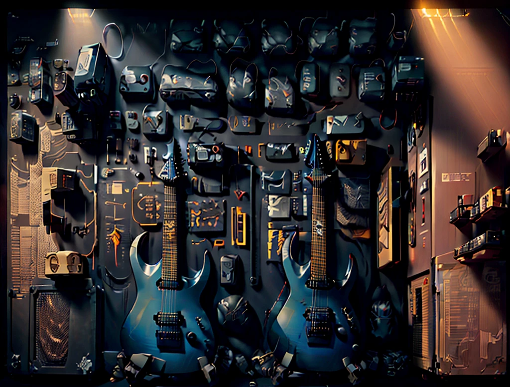 A guitar duel between a human and a robot. Room with blinds, rays of light Dynamic light, dynamic poses of both guitarists. Electric guitars, dust, sparks. Masterpiece, detail, Rutkowski.