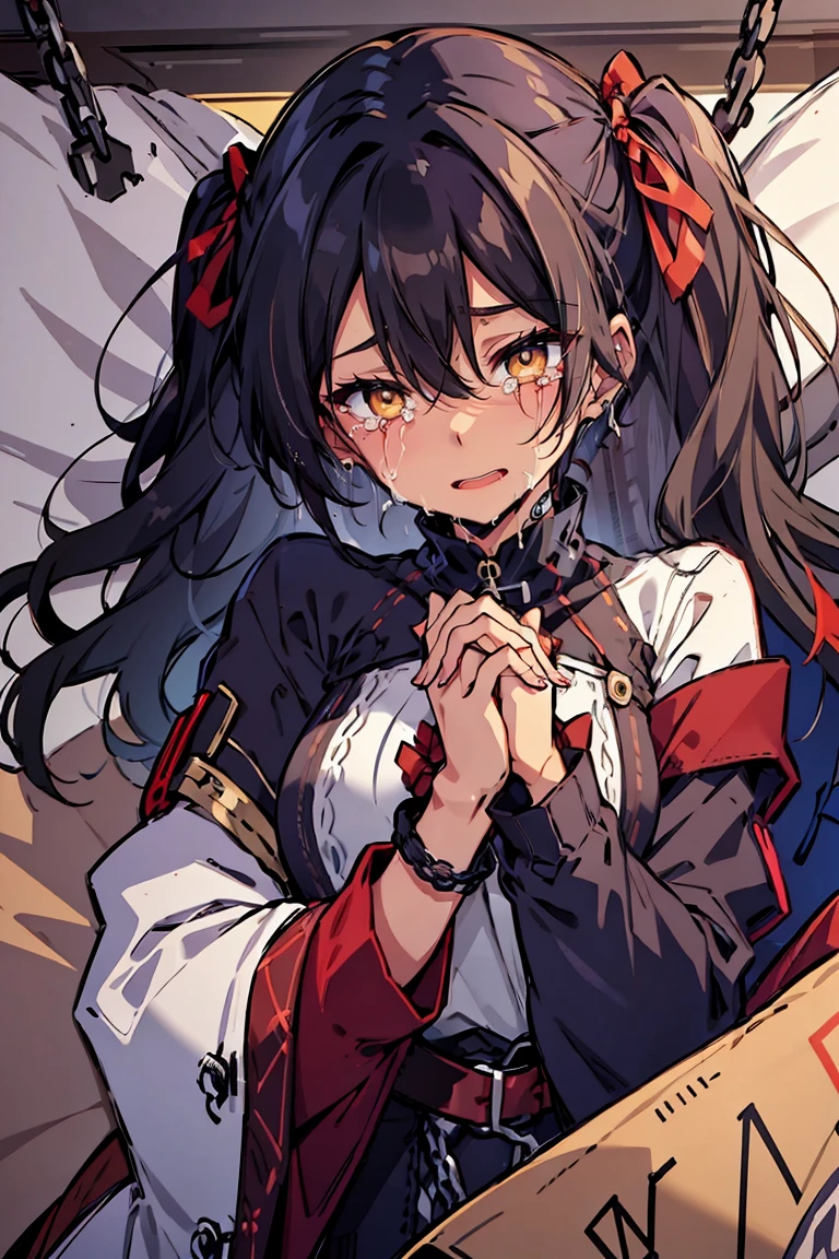(masterpiece:1.2), (high quality:1.2), (hui xiyi:0.7)rekkyo sensen, rekkyou sensen, girls with((black hair, bangs, (one side up, long wavy hair:1.55), (arm up, perfect hands, perfect fingers, tied hands:1.43), exposed breasts, tits cleavage, breasts close up, dress((suspenders, dress:0.65), (belts:0.7), (blue clothes, frills shirt, white knit sweater, long sleeves, off-shoulder sleeves, silver handcuffs, chain, ribbon:1.2)), upper body)), background with((bedding, futon, blanket, jail, prison:1.45))
