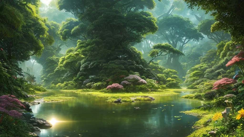 Digital Illustration, detailed and complex, Lush African savannah，Exotic flowers and plants in bloom, Plants and animals, Sunlight shines through the tree canopy，Creates a mottled effect. A quiet river flows through the jungle，small steps, The style of Yoshitaka Amano and Hayao Miyazaki, masterpiece, proportional, detailed, Popular on ArtStation, Beautiful Lights, Practical, complex, The award-winning, 4K, best quality, The award-winning, 4K digital in the style of Yoshitaka Amano. Beautiful lighting and cinematic composition make this piece a true masterpiece, Popular on ArtStation