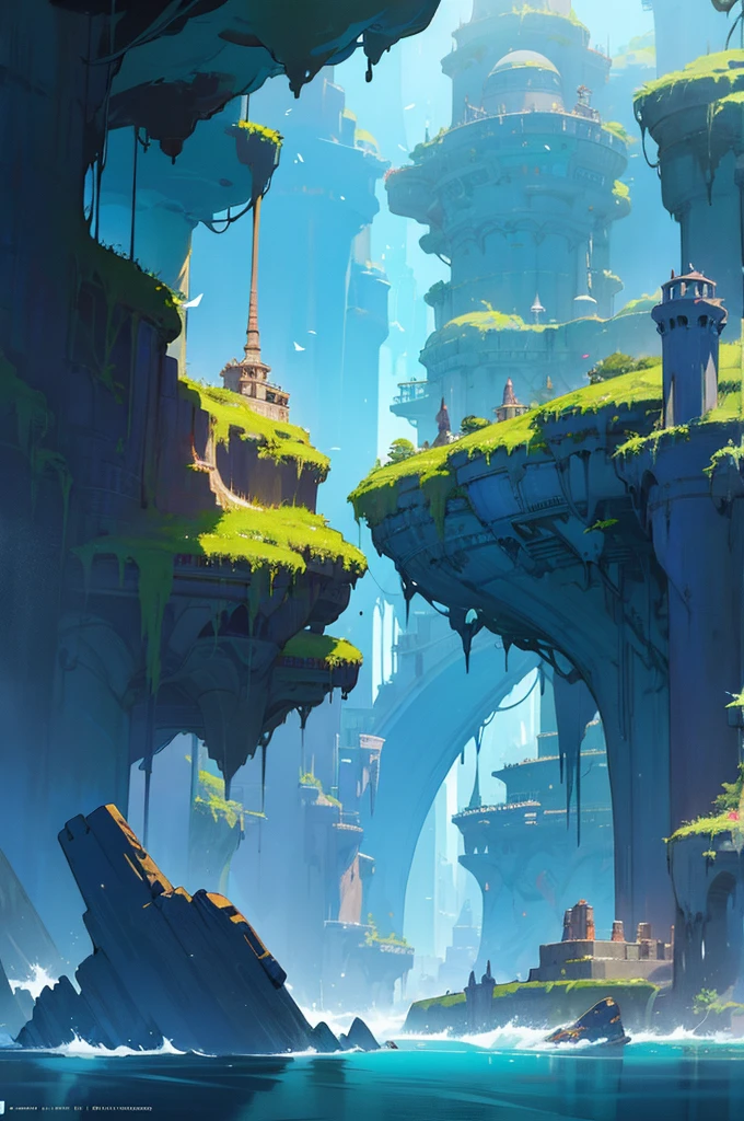 A painting depicting a fantasy world beyond dimensions,Undersea World,Atlantis,sf,Upright,Studio Ghibli,Unreal Engine,A magnificent composition,CG digital rendering,Ultra HD,Highly detailed technology,3 color matching