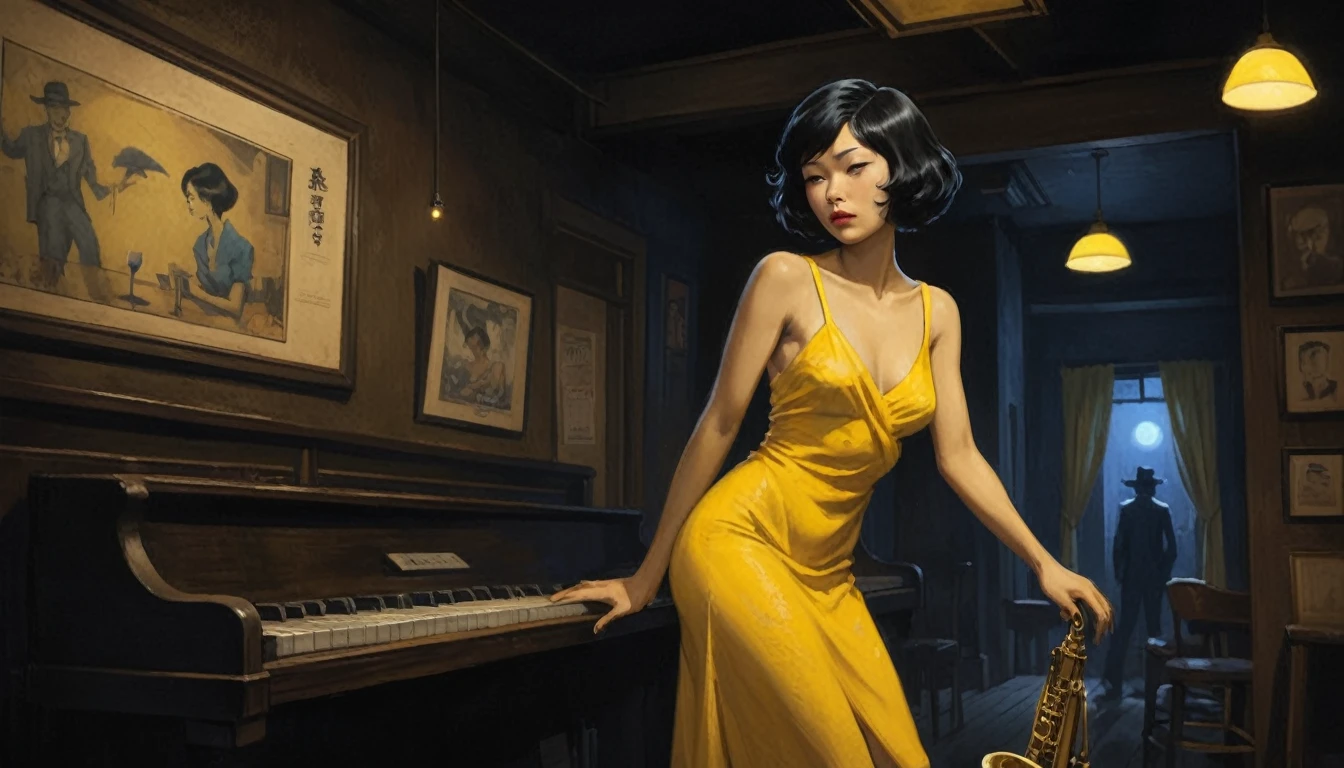robert johnson, gritty, alabama bar, blue note, charismatic , yellow dress, illustration, noir fantasy, lone asian lady, sad ending, saxophonist