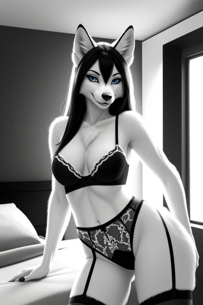 Posing, background in colour, Female, 30 years old, cute, eyeliner, long hair, biting lip smile, bedroom eyes, anthro, wolf ears, (black and white fur:1.5), wolf, indoors, 8k, hi res, (best quality, masterpiece), blue eyes, wolf tailt, sexy pose, seductive, flirting, sexy lingerie, sexy black stockings