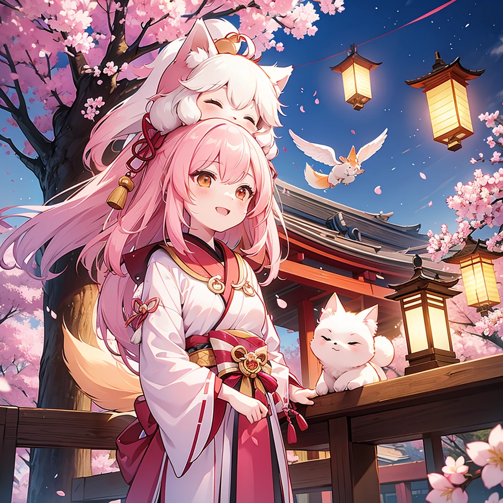 lanterns flying off into the sky, cherry blossom trees, kitsune people, happy, cheerful