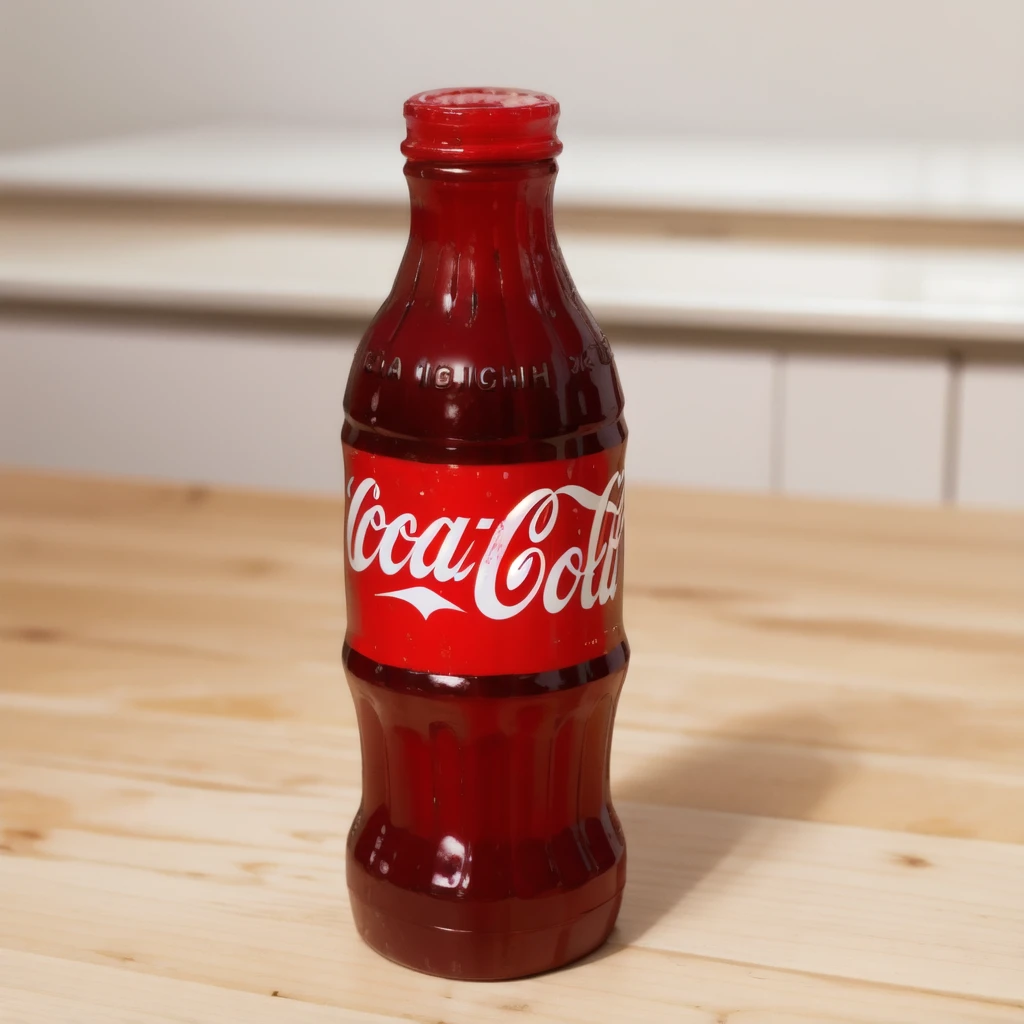 in the kitchen, on a wooden table, a coca cola jelly bottle, it shows a jelly texture, realistic texture, realistic style, detailed texture, high quality, high resolution, high quality rendering, realistic photo, brightning light, macro photo, ultra hd 4k
