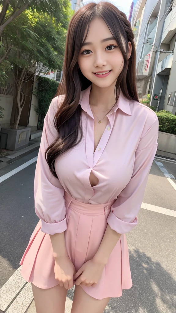 Raw photo、Ultra-realistic、Ultra detailed face、Detail lips、Detailed eyes、High school girl smiling showing her teeth、Long Hair:1.1、chest、Visible curves、Laughing with your mouth open 、Tokyo city角、 Whole body、( Slender body)、(Long Hair)、Big Breasts、Idol、(pastel colour)、18-year-old、Small face、Braid、 Tokyo city、Long beautiful legs 1.2、Curved waist、flower、uniform、blouse、Wide forehead