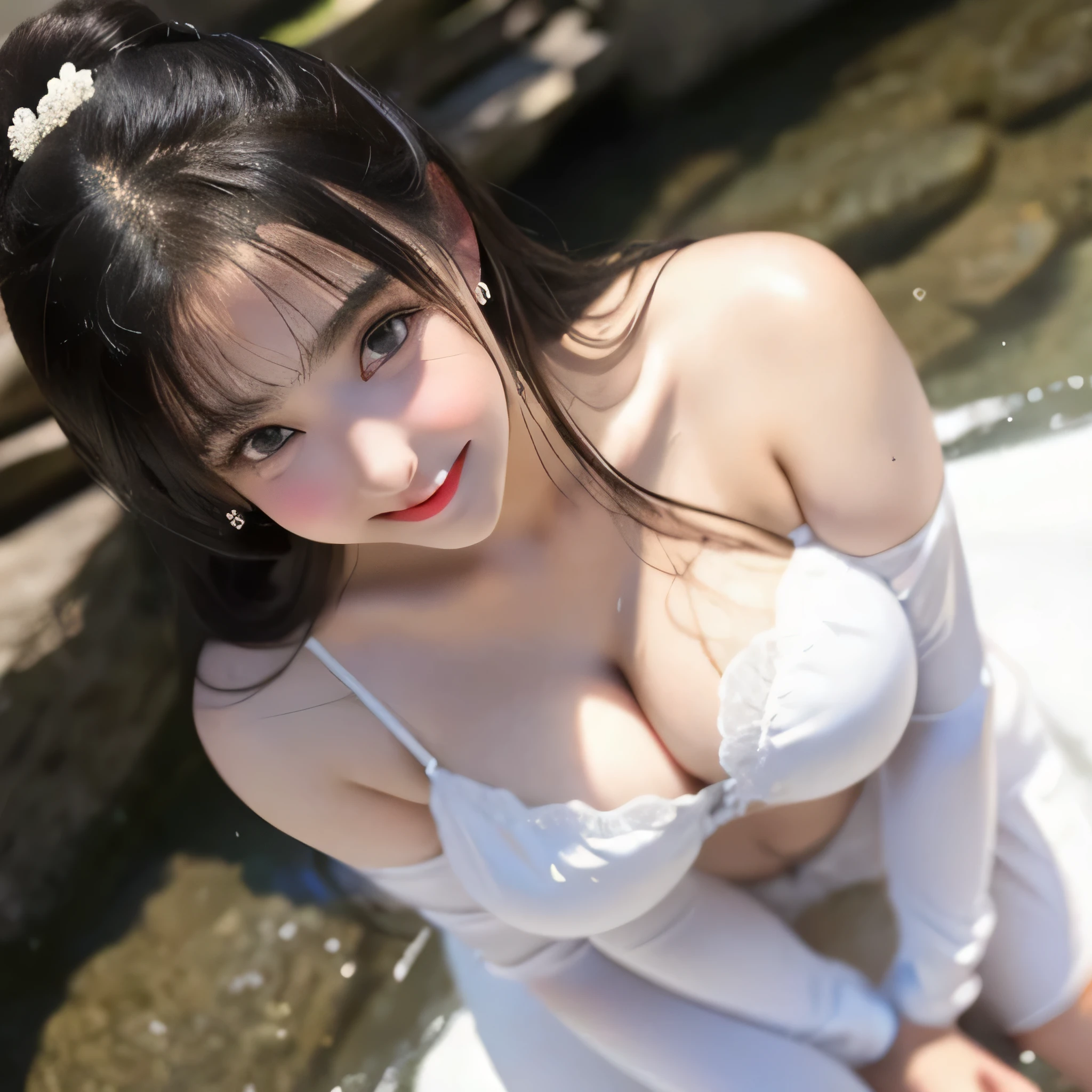 Very large O cup breasts、Shapely breasts 、 Show off your breasts、Silky shiny skin、sexly, Very beautiful lovely face、Cute face、 Gorgeous Silky Black Hair、Round eyes、 Bangs swaying in front of the face、A beautiful and cute 20-year-old woman、 Big and ample breasts、 she spreads her legs wide and flaunts、Showing very large breasts、 Plump、Super glamorous、Are fat、Bigfoot、Big body、 Chubby、Beautiful thighs、Low - Angle、Scene looking up from below、 Chubby weighs 80kg、cute、smile、Very glamorous、Japanese women、Clear white skin、Snow melting mountain stream、Spring brook、Wearing a bunny girl costume、ponytail