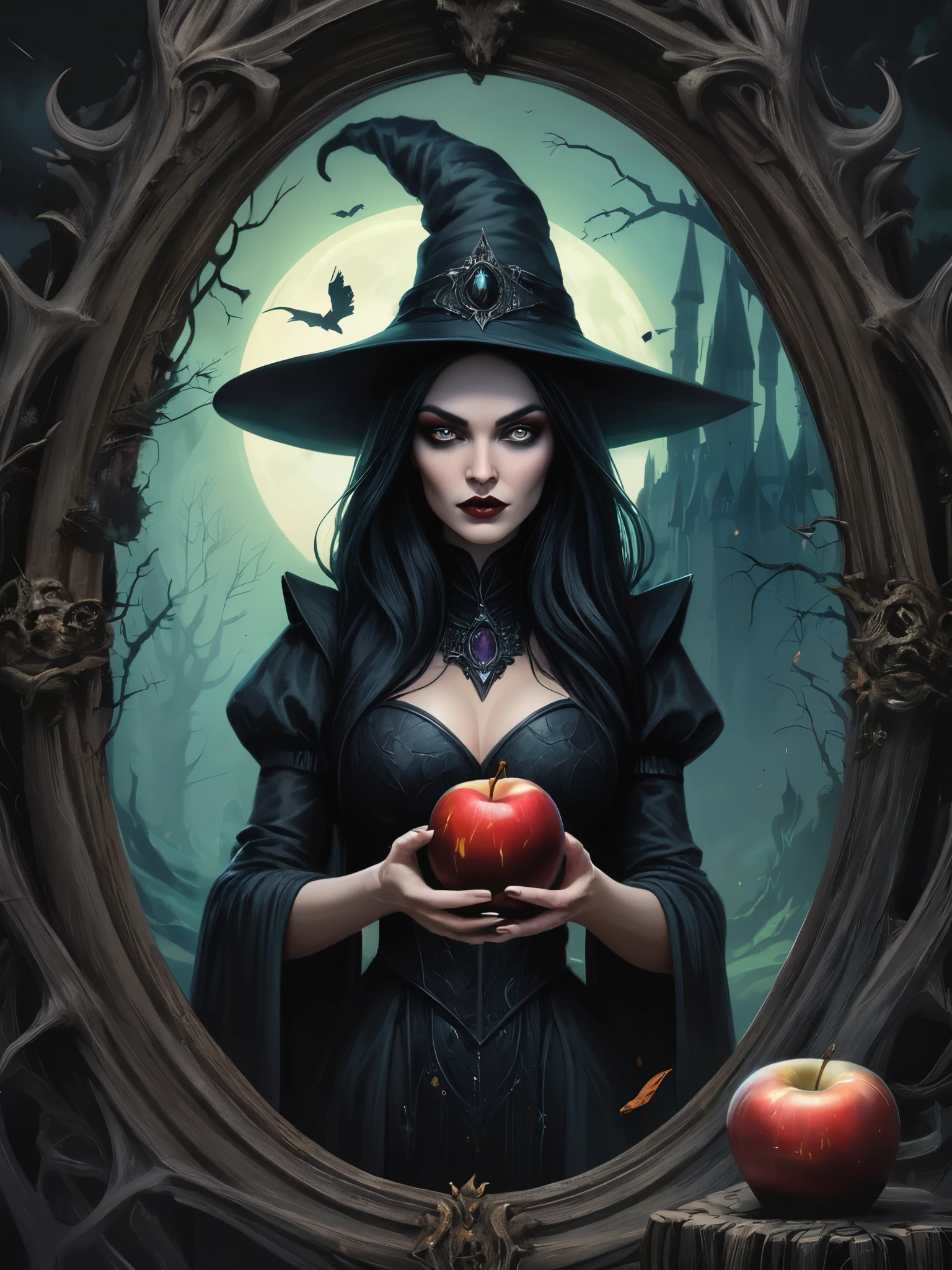 wonderland，Witch with mysterious powers，((beautiful))，Black hair，Dark Castle，Dead Wood, ((Holding a poisoned apple，Poison Magic))，(Magic mirror)，Witch Queen，magic, Fantastic, Fantasy art concept, Intricate details, best quality, masterpiece, Extremely sharp, Surrealism