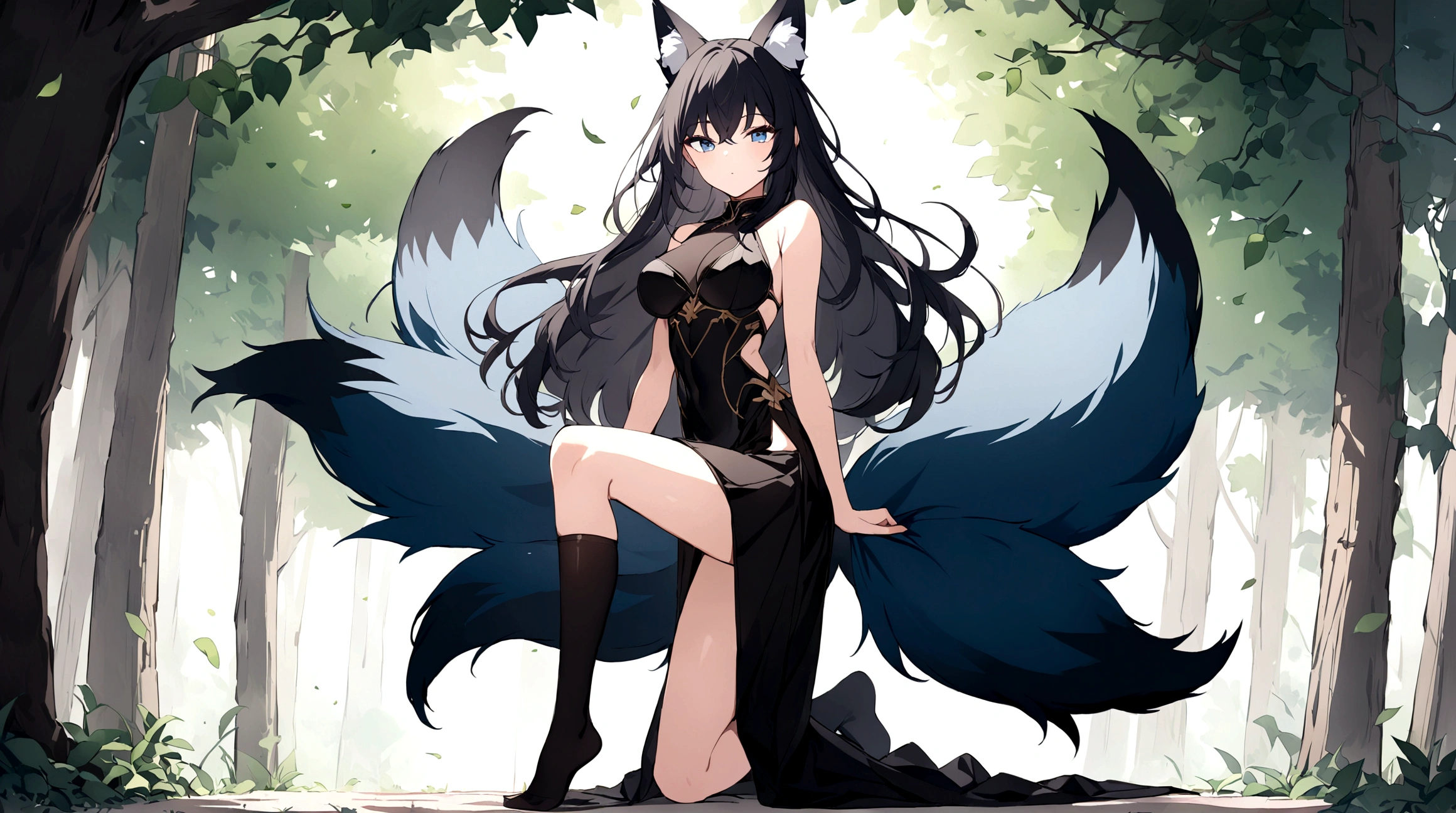(1girl, Masterpiece, best quality) (detailed and beautiful eyes:1.6) (perfect hands, perfect anatomy) ((full body)) ((more Adult body)) fox-girl Misaki has (short black hair styled in a slightly tousled manner) and (her fox ears are perked up attentively.) ((She wears a black, full adventurer leather armor, coat)) Her outfit includes a leather straps. She has a one black, big **fluffy** fox tail. She has over-to-knee socks. Light filtering through the leaves create a serene yet enigmatic atmosphere. Her positon is standing that showcases her strength readiness for battle. No Dress.