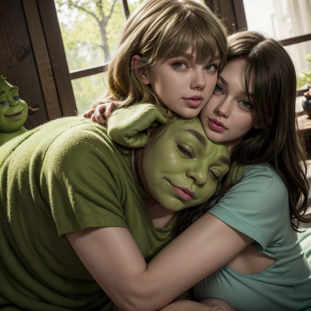 Taylor Swift ((hyper realistic)) hugging Shrek