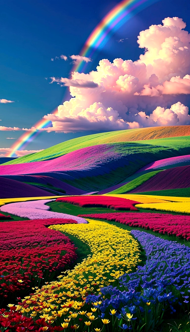 The world of Final Fantasy, a rainbow-colored flower field with no one around, each petal a rainbow color, an extremely beautiful scenery, a world of light, heaven, a world of gods, the most beautiful images, the highest quality, 8K.