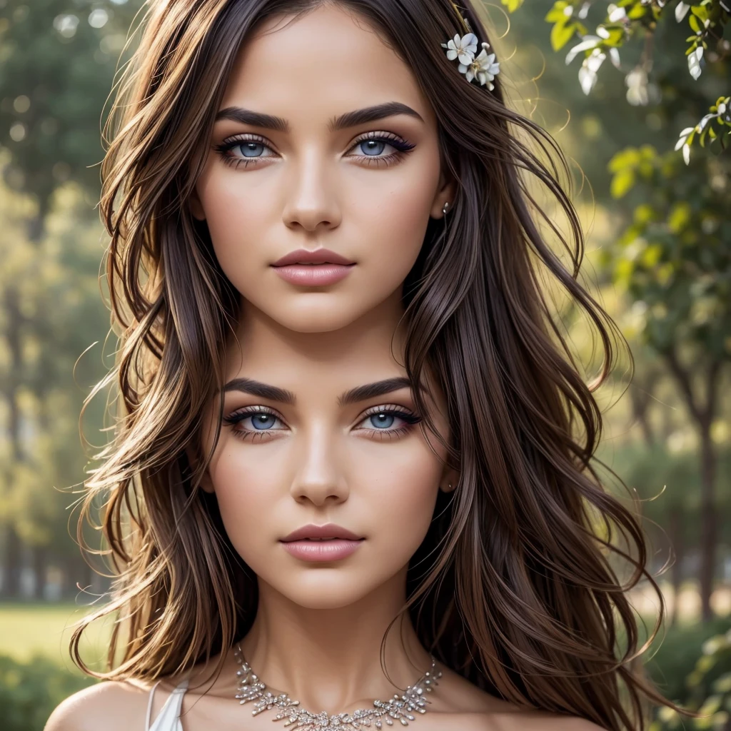 (best quality, 4k, 8k, highres, masterpiece:1.2), ultra-detailed, (realistic, photorealistic, photo-realistic:1.37), 1girl, detailed face, beautiful detailed eyes, beautiful detailed lips, extremely detailed eyes and face, long eyelashes, mesmerizing gaze, windswept hair, particle effects, cosmic nebulas, galaxy background, flowing floral dress, outdoor setting, idyllic nature scene, serene expression, elegant pose, ethereal atmosphere