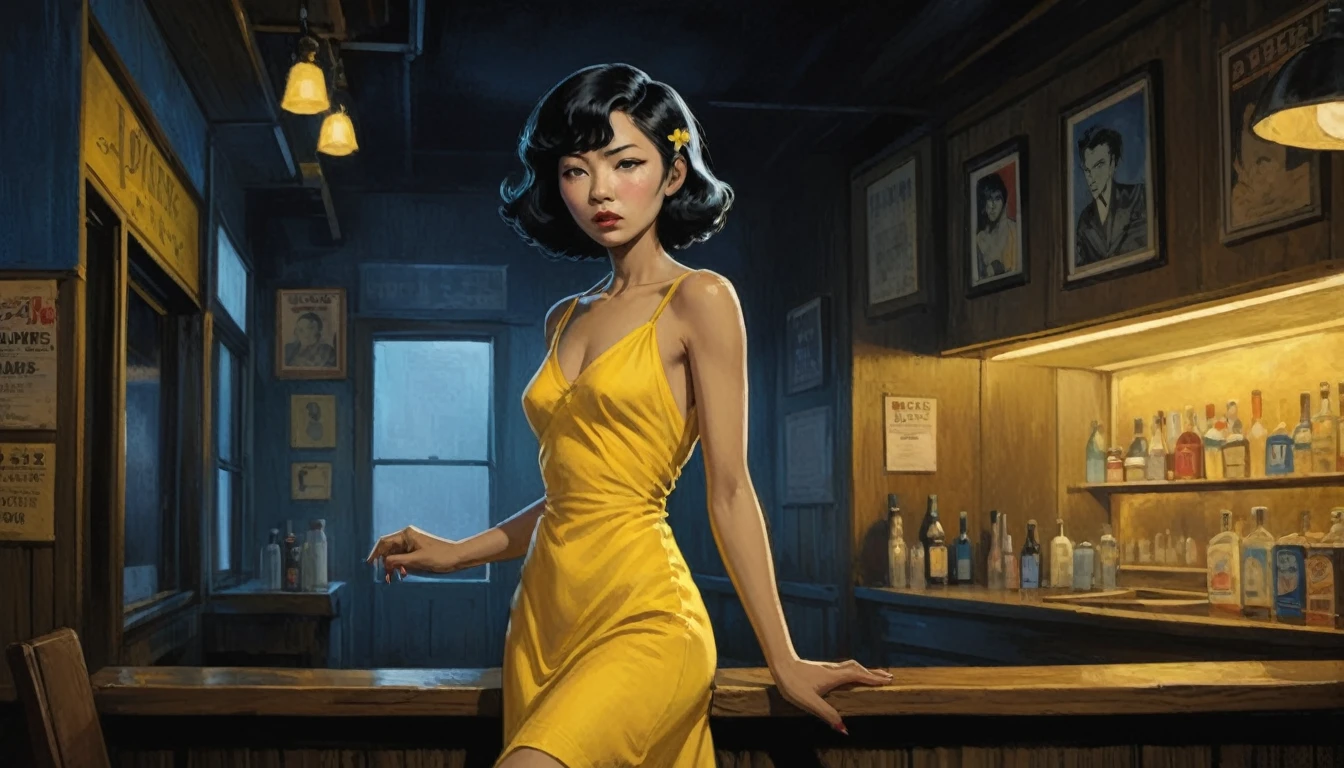 robert johnson, gritty, alabama bar, blue note, charismatic , yellow dress, illustration, noir fantasy, lone asian lady, sad ending, saxophonist