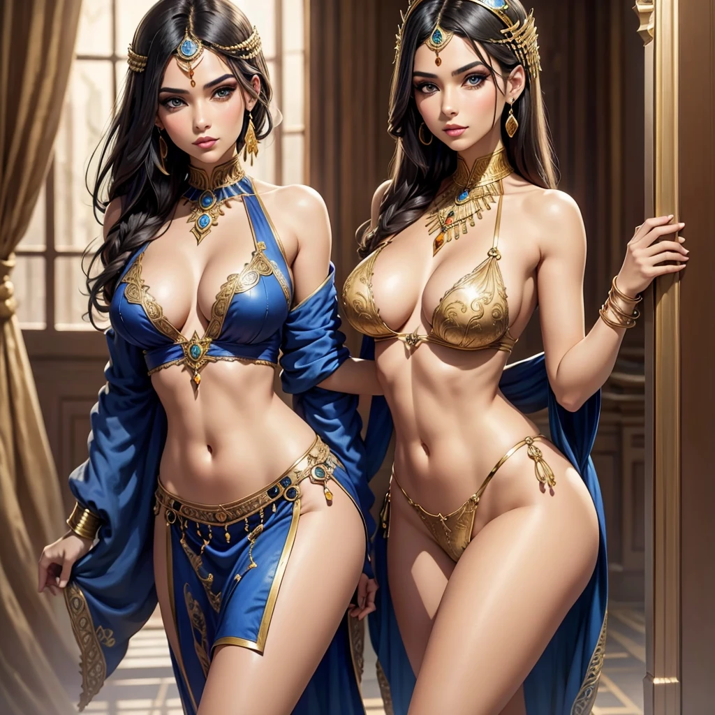 A photograph of Cleopatra with natural skin, short and voluminous black hair, sharp eyes with blue eyeshadow, a thin and upturned nose, shapely lips, an hourglass body shape, typical clothes, and makeup, intricately maximalist-detailed, vibrant, epic, smooth, cinematic, 4K, backlit, fantasy desert background, and a shallow depth of field.