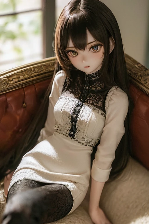 photorealistic, realistic photo, ((highest quality)), ((masterpiece)), detailed, kukolnydom, doll, (mature woman, 22yo, 22 years old:1.6), solo, ((cowboy shot, sitting on sofa, reclining on sofa, skinny, slender, slim, parted lips)), green eyes, brown hair, (looking above, blank eyes, empty eyes, detailed eyes, detailed face:1.3), dress, museum, 8k