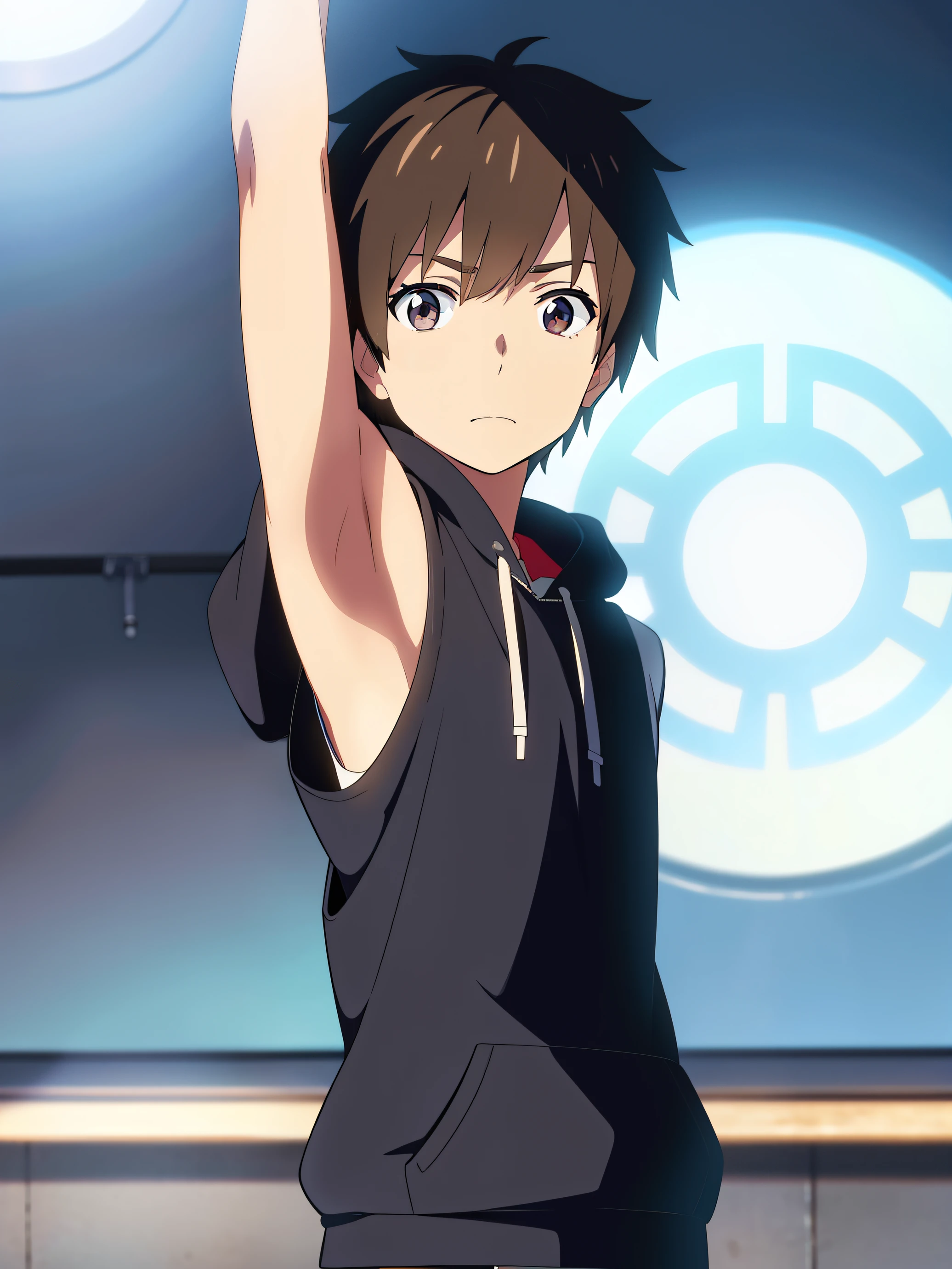 shinkai makoto, kimi no na wa, Highres, Masterpiece, Best quality at best,Best Quality,hight quality, hight detailed, Anime style, 1boy, Shota, young boy, Solo person, Black hoodie, Sleeveless hoodie, Seen from the front, look at viewer, (very young boy), (very small and short body), s, (Showing armpit:1.3), hansome boy