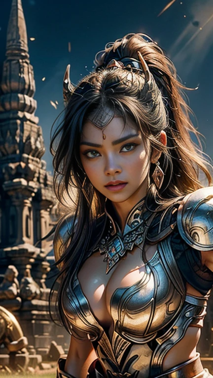 a warrior female during the Majapahit kingdom era, with a sharp and brave gaze, wearing ancient Javanese war armor, southeast Asian female, portrait, Prambanan Temple in the background, ancient Javanese era, cinematic photography, (Warm Light: 1.2), (Firefly: 1.2), Lights, Intricate Details, Volumetric Lighting (Masterpiece: 1.2), (Best Quality), 8k, Ultra Detailed, (Dynamic Composition: 1.4), (full-body portrait), Rich in Detail and Color, (Glow, Atmospheric Lighting), detailed beautiful delicate face, detailed beautiful delicate eyes, a face of perfect proportion, clear skin texture, ultra-detailed body