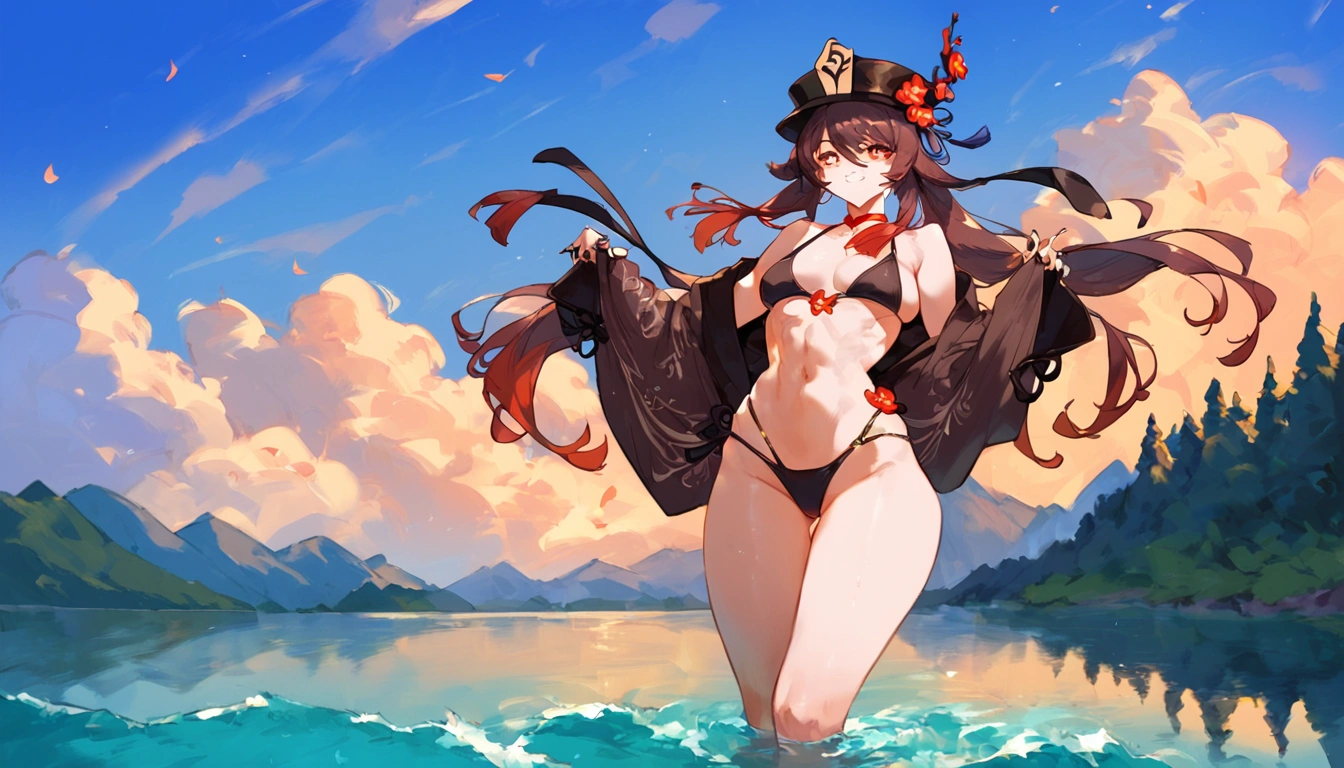 score_9, score_8_up, score_9_up, , masterpiece, high quality, highly detailed, 1girl, hu tao, thin waist, bikini, lake, mountains,