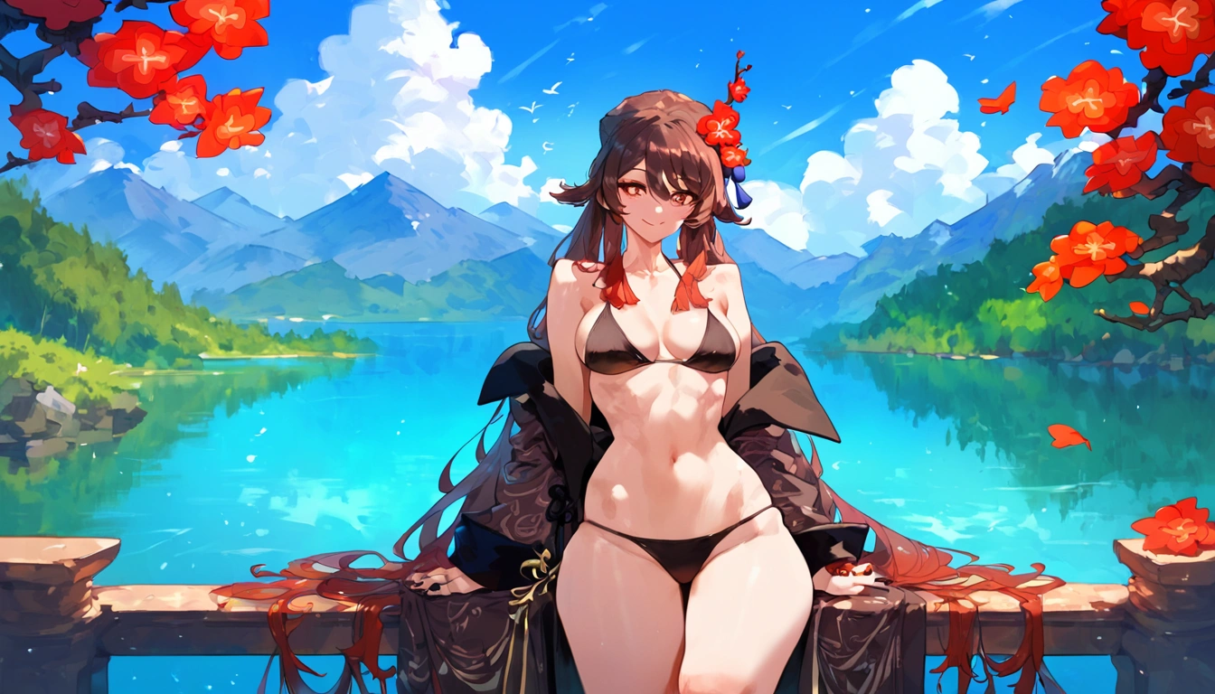 score_9, score_8_up, score_9_up, , masterpiece, high quality, highly detailed, 1girl, hu tao, thin waist, bikini, lake, mountains,