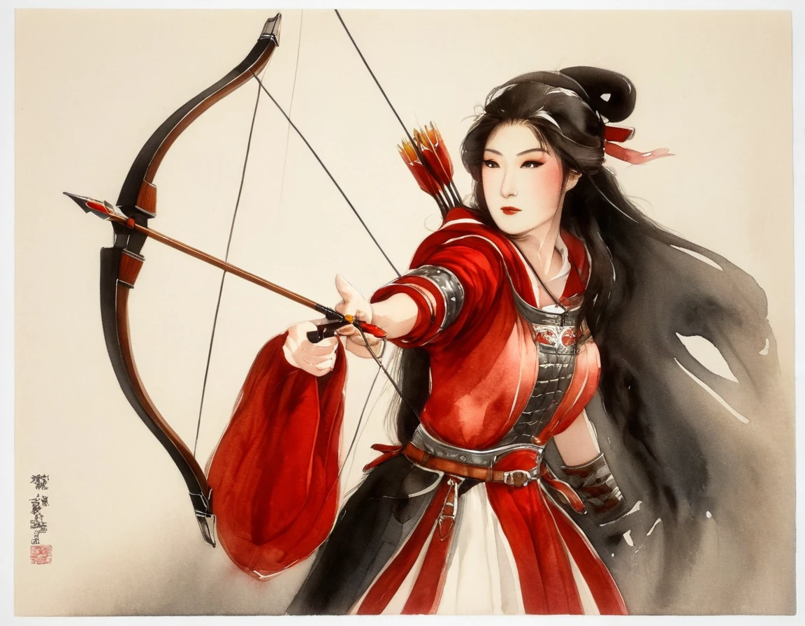 a Japanese watercolor illustration (using Black, white and red colors only) of a exquisite beautiful female archer, (silhouette artwork: 1.3), aiming a bow, holding the (composite masterwork bow: 1.3)  perfectly, ready for action as the sun rises, fantasy art, ), sun rising behind the archer, ready to act,  ultra feminine, with a long curvy hair, wearing knights armor, intricate clothes, , sting drawn to the cheek , arrow ready to be shot, (tip of the arrow glimmers in the sun: 1.3), sunrays, divine rays, high details, best quality, 16k, [ultra detailed], masterpiece, best quality, (extremely detailed), dynamic angle, Aiming a Bow, bow (weapon), ral-wtrclr