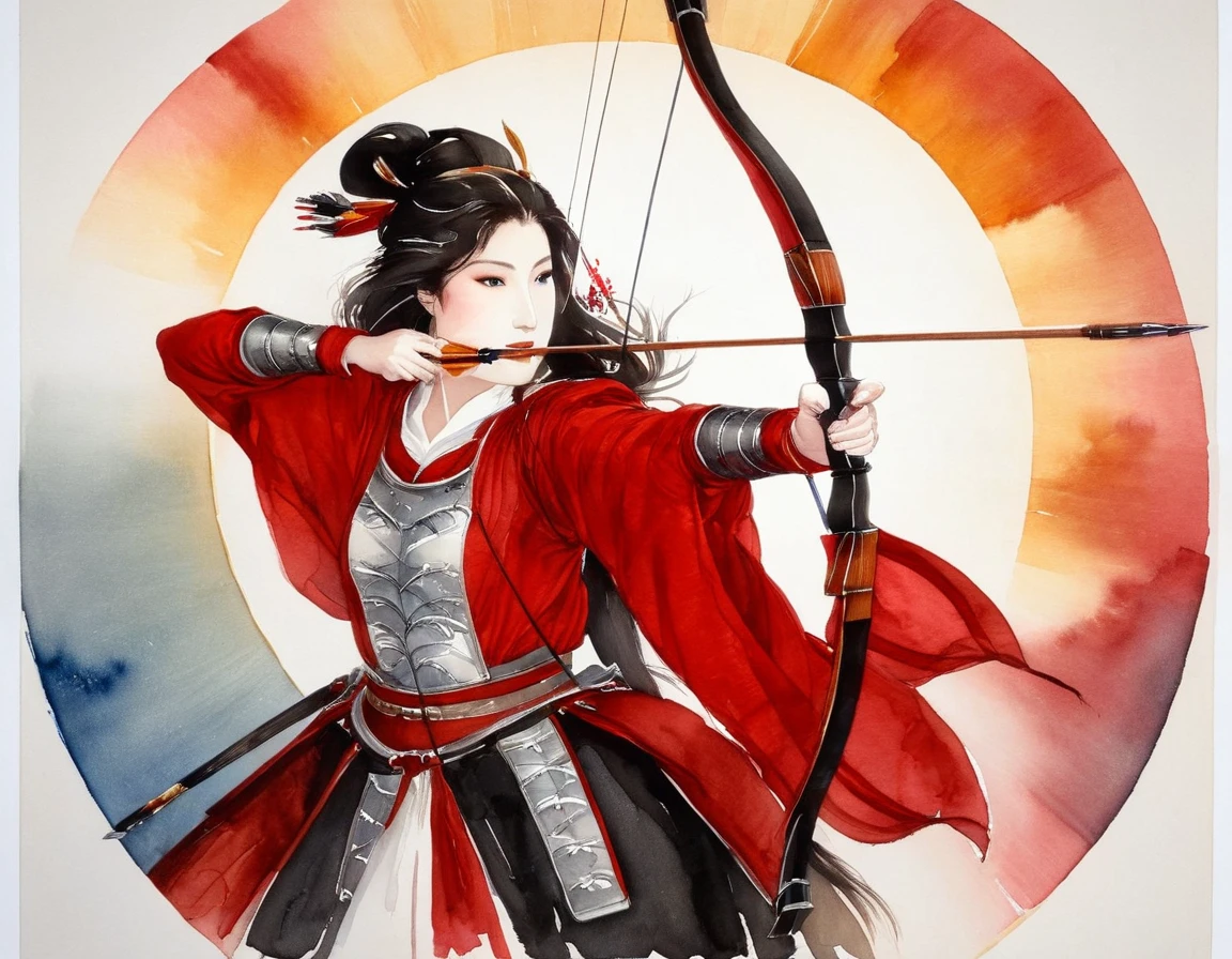 a Japanese watercolor illustration (using Black, white and red colors only) of a exquisite beautiful female archer, (silhouette artwork: 1.3), aiming a bow, holding the (composite masterwork bow: 1.3)  perfectly, ready for action as the sun rises, fantasy art, ), sun rising behind the archer, ready to act,  ultra feminine, with a long curvy hair, wearing knights armor, intricate clothes, , sting drawn to the cheek , arrow ready to be shot, (tip of the arrow glimmers in the sun: 1.3), sunrays, divine rays, high details, best quality, 16k, [ultra detailed], masterpiece, best quality, (extremely detailed), dynamic angle, Aiming a Bow, bow (weapon), ral-wtrclr