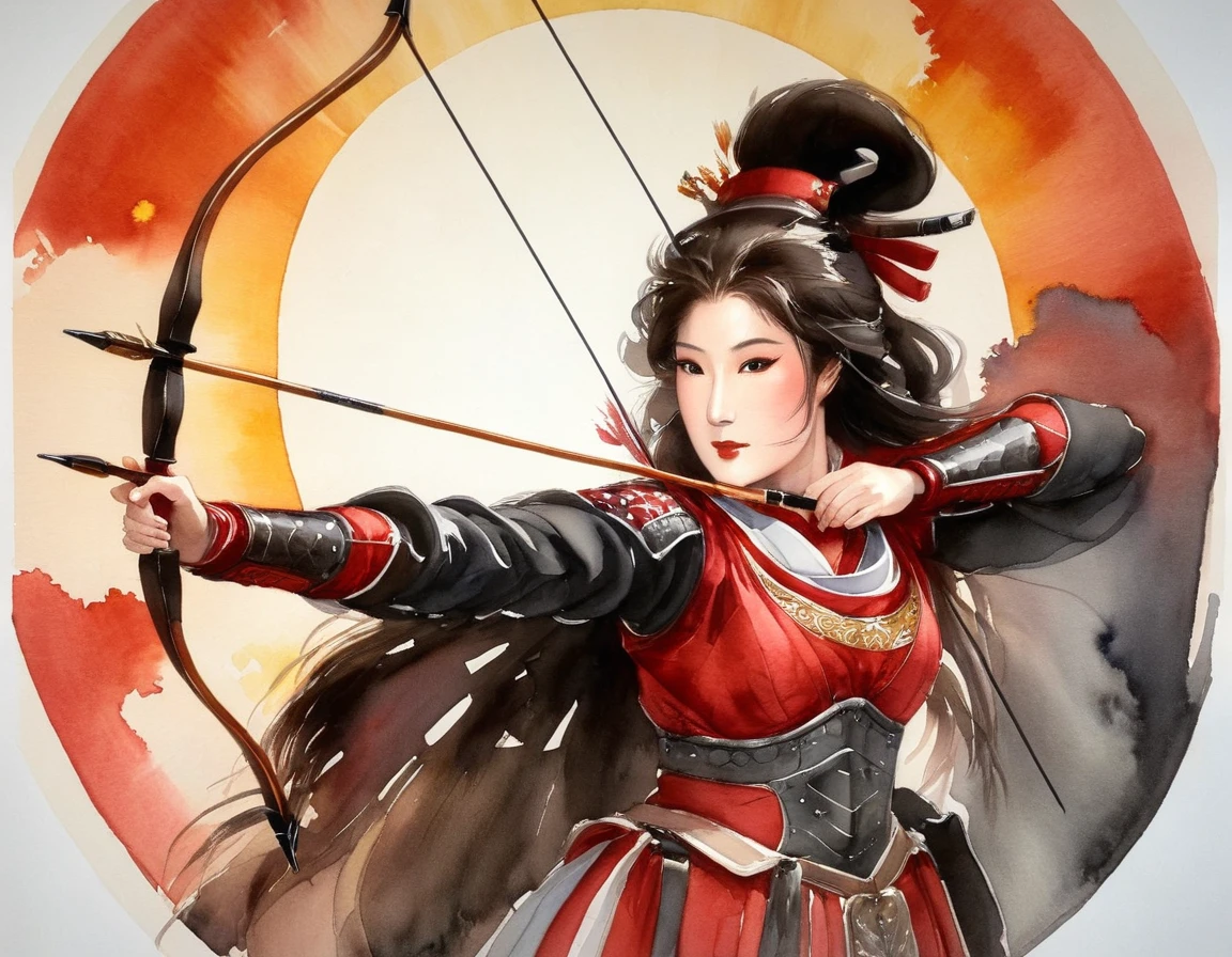 a Japanese watercolor illustration (using Black, white and red colors only) of a exquisite beautiful female archer, (silhouette artwork: 1.3), aiming a bow, holding the (composite masterwork bow: 1.3)  perfectly, ready for action as the sun rises, fantasy art, ), sun rising behind the archer, ready to act,  ultra feminine, with a long curvy hair, wearing knights armor, intricate clothes, , sting drawn to the cheek , arrow ready to be shot, (tip of the arrow glimmers in the sun: 1.3), sunrays, divine rays, high details, best quality, 16k, [ultra detailed], masterpiece, best quality, (extremely detailed), dynamic angle, Aiming a Bow, bow (weapon), ral-wtrclr