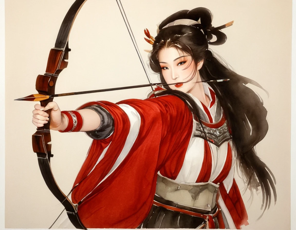 a Japanese watercolor illustration (using Black, white and red colors only) of a exquisite beautiful female archer, (silhouette artwork: 1.3), aiming a bow, holding the (composite masterwork bow: 1.3)  perfectly, ready for action as the sun rises, fantasy art, ), sun rising behind the archer, ready to act,  ultra feminine, with a long curvy hair, wearing knights armor, intricate clothes, , sting drawn to the cheek , arrow ready to be shot, (tip of the arrow glimmers in the sun: 1.3), sunrays, divine rays, high details, best quality, 16k, [ultra detailed], masterpiece, best quality, (extremely detailed), dynamic angle, Aiming a Bow, bow (weapon), ral-wtrclr