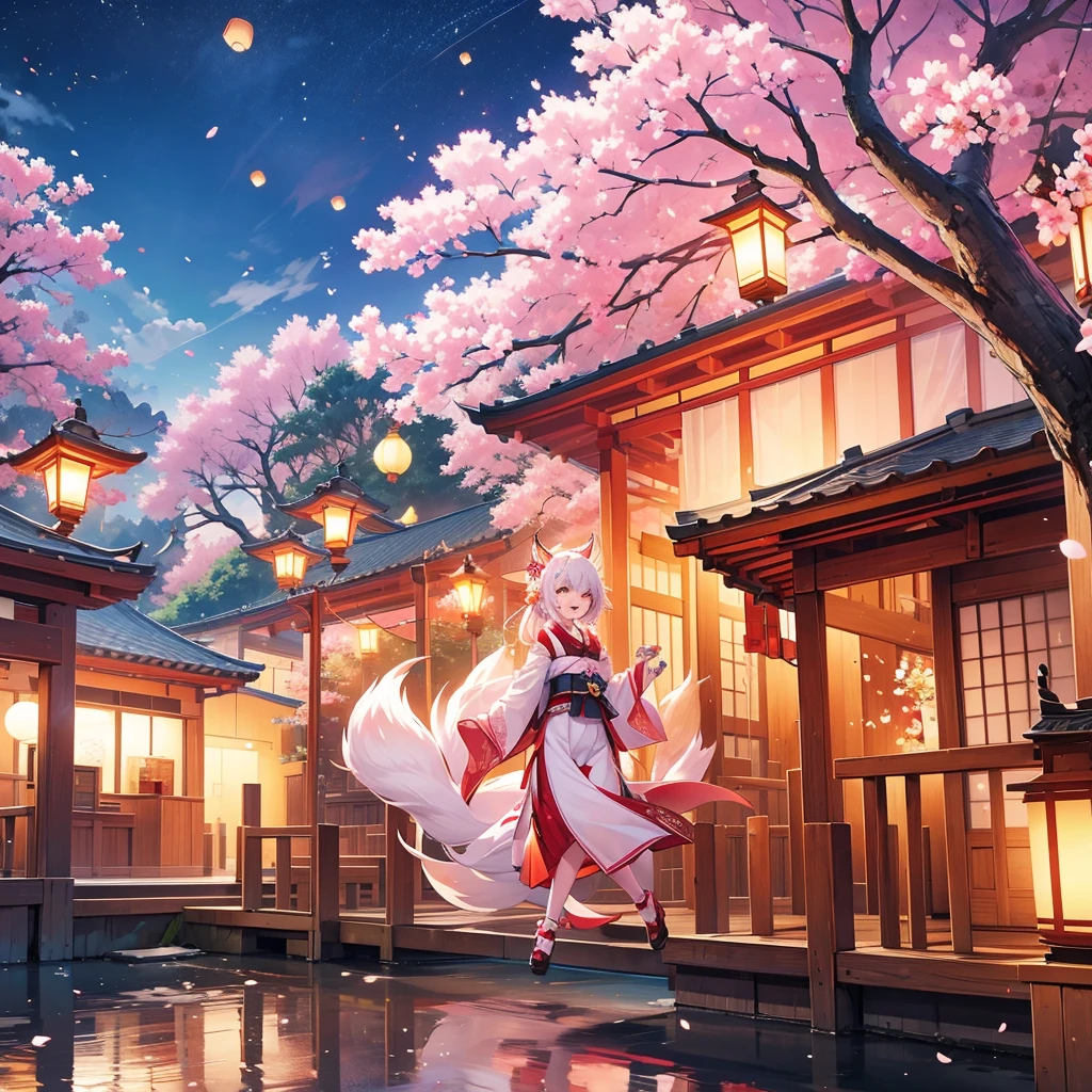lanterns flying off into the sky, cherry blossom trees, kitsune people, happy, cheerful