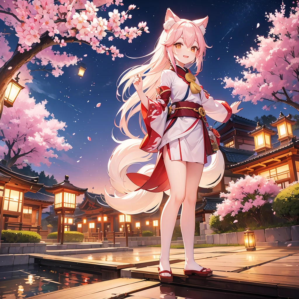 lanterns flying off into the sky, cherry blossom trees, kitsune people, happy, cheerful 