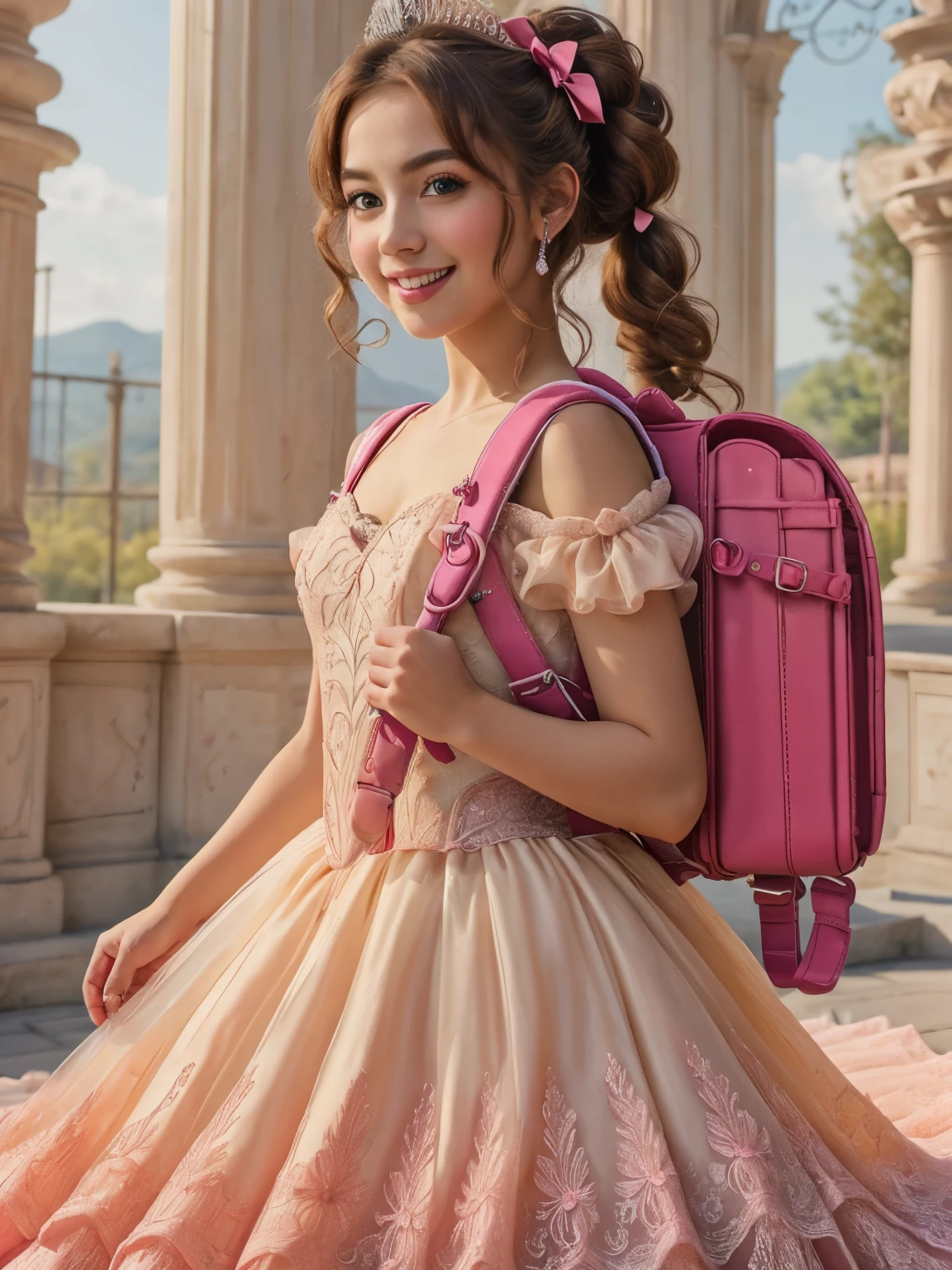 Masterpiece, hd, realistic, 1girl, beautiful girl, smiling, regal, (pink princess dress), vibrant, vivid, (bows), blonde hair, ponytail, wearing red backpack, (backpack:1.2)