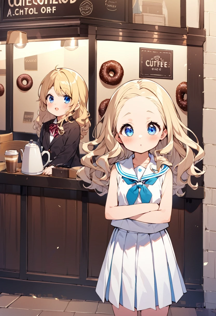 BREAK Perfect Anatomy、Highest quality、(cute:1.1)、(cute)、(High resolution:1.2)、Unbelievably absurd:1.3、Incredible illustrations、(cuteイラスト:1.2)、（Beautiful background、Coffee shop）1gial(Blonde hair and blue eyes、Wavy Hair(child,(a girl, dwarf, height 1.3meters, 30kg),,10-year-old,flat chest）（school uniform）Cocoa donut and girl