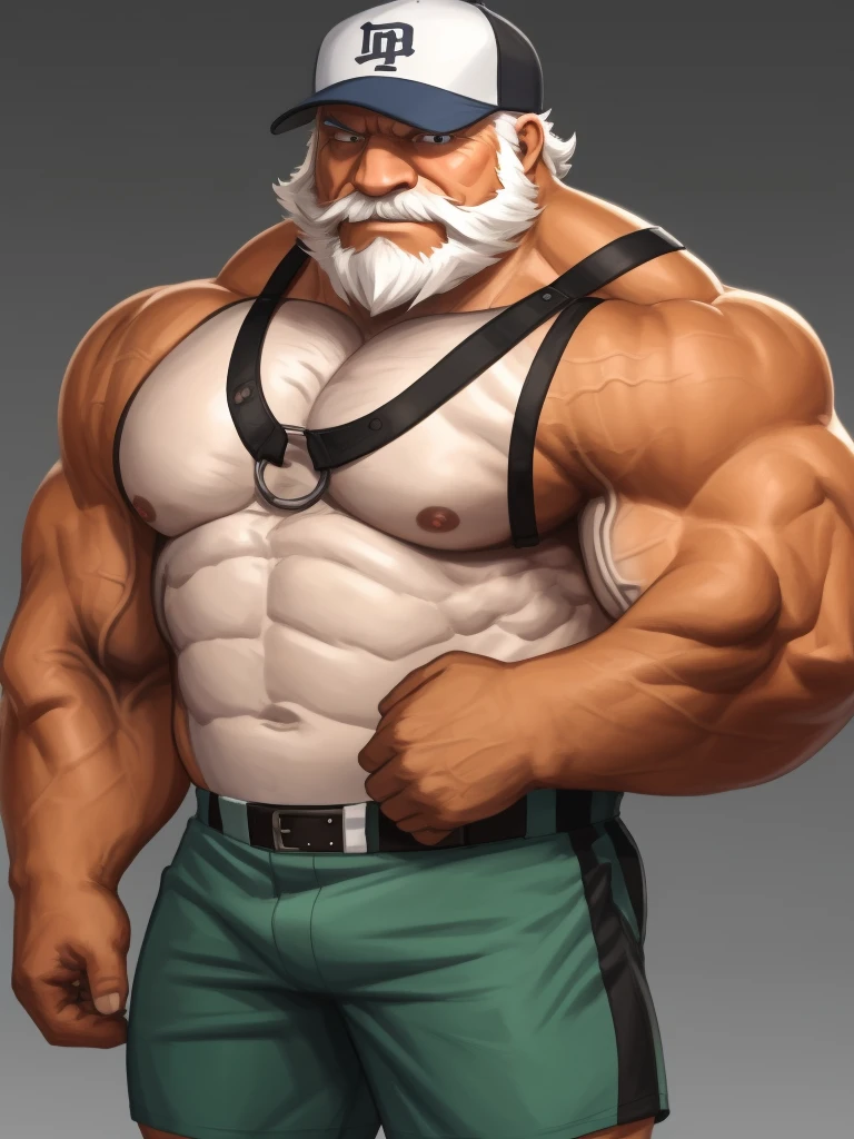 solo, 1boy, Huge Muscular Old man wearing baseball cap , pectoral, thick arms, huge pectoral, wide pectoral, short white hair, short pants and shirtless, bearded, simple background, masterpiece, high detailed, 8k, high resolution