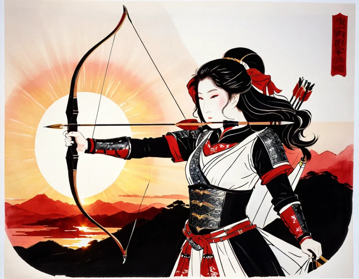 a Japanese watercolor illustration (using Black, white and red colors only) of a exquisite beautiful female archer, (silhouette artwork: 1.3), (aiming a bow: 1.4), holding the (composite masterwork bow: 1.3)  perfectly, ready for action as the sun rises, fantasy art, ), sun rising behind the archer, ready to act,  ultra feminine, with a long curvy hair, wearing knights armor, intricate clothes, , sting drawn to the cheek , arrow ready to be shot, (tip of the arrow glimmers in the sun: 1.3), sunrays, divine rays, high details, best quality, 16k, [ultra detailed], masterpiece, best quality, (extremely detailed), dynamic angle, Aiming a Bow, bow (weapon), 