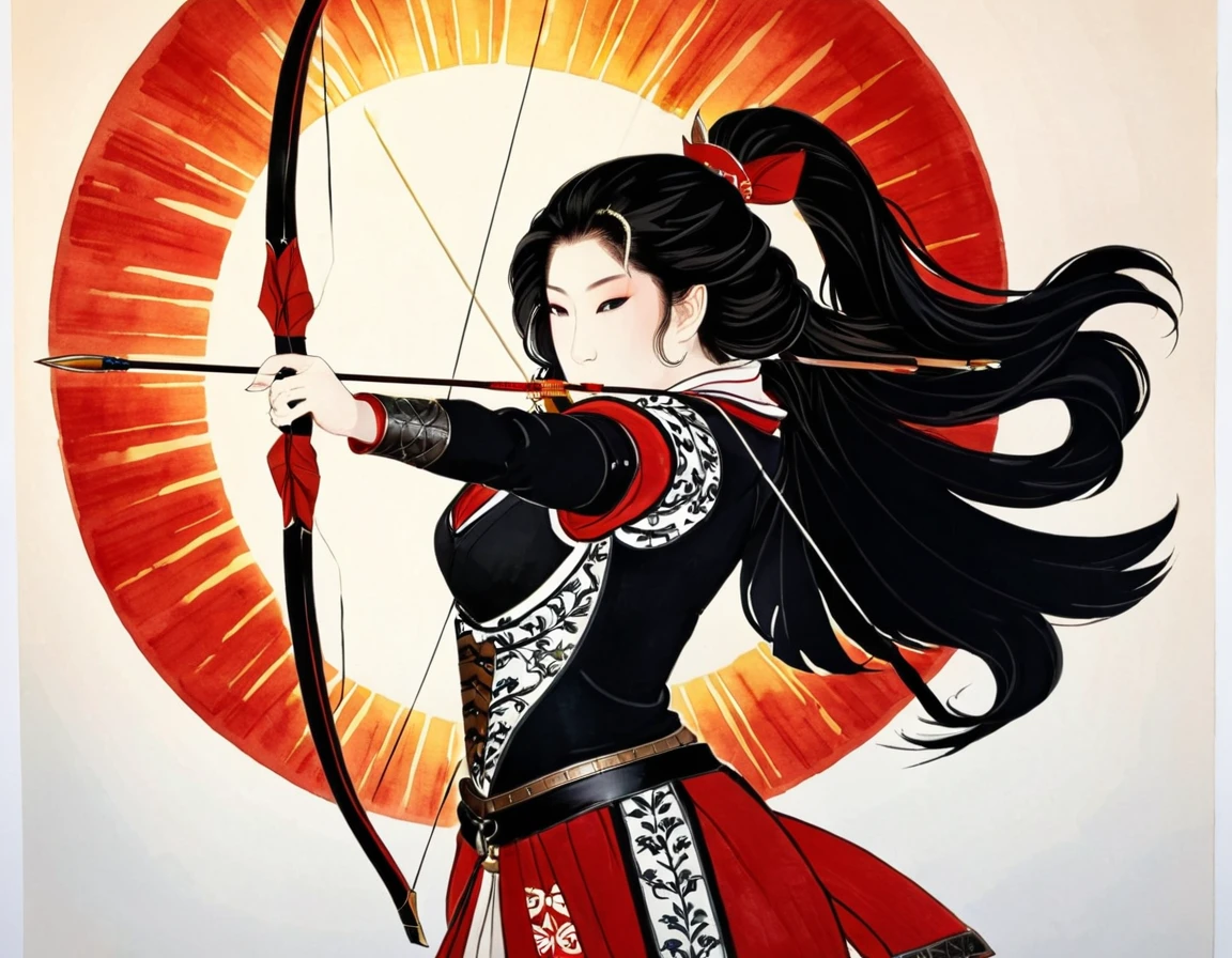 a Japanese watercolor illustration (using Black, white and red colors only) of a exquisite beautiful female archer, (silhouette artwork: 1.3), (aiming a bow: 1.4), holding the (composite masterwork bow: 1.3)  perfectly, ready for action as the sun rises, fantasy art, ), sun rising behind the archer, ready to act,  ultra feminine, with a long curvy hair, wearing knights armor, intricate clothes, , sting drawn to the cheek , arrow ready to be shot, (tip of the arrow glimmers in the sun: 1.3), sunrays, divine rays, high details, best quality, 16k, [ultra detailed], masterpiece, best quality, (extremely detailed), dynamic angle, Aiming a Bow, bow (weapon), 