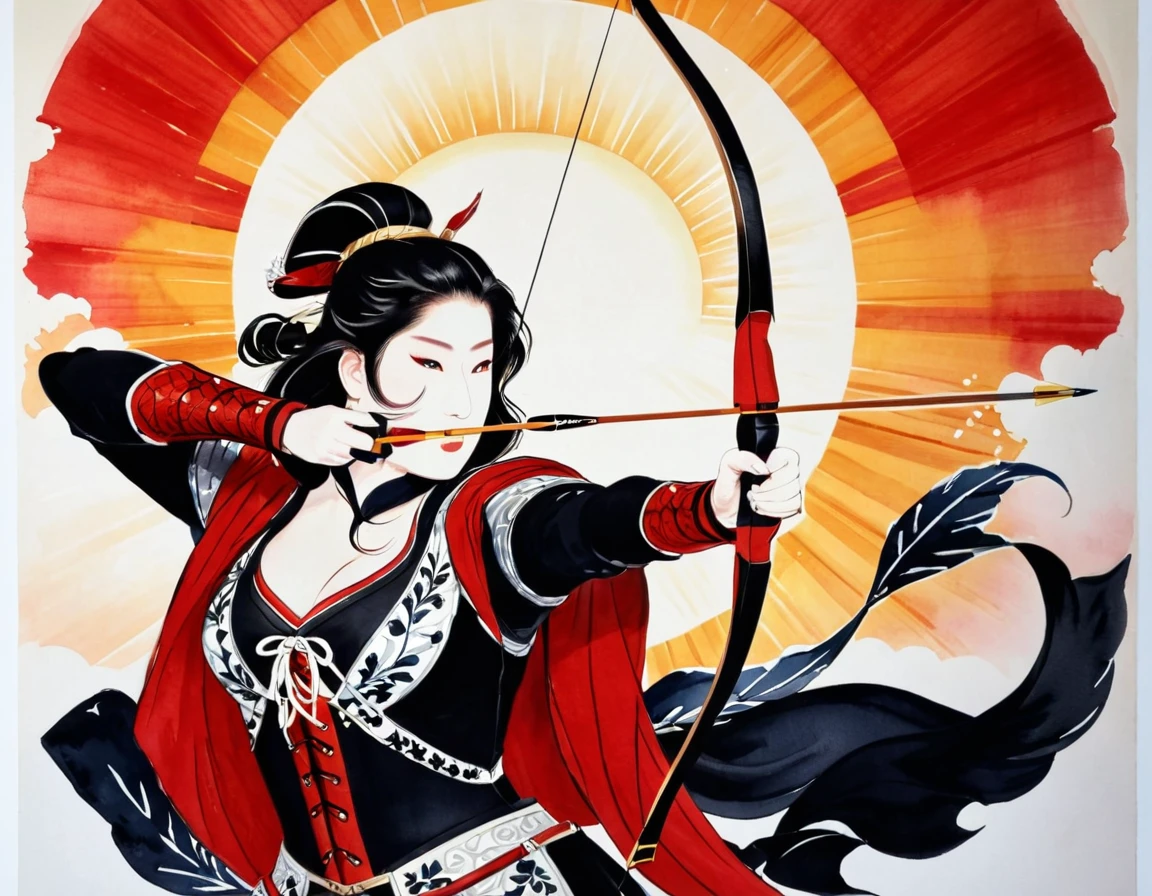 a Japanese watercolor illustration (using Black, white and red colors only) of a exquisite beautiful female archer, (silhouette artwork: 1.3), (aiming a bow: 1.4), holding the (composite masterwork bow: 1.3)  perfectly, ready for action as the sun rises, fantasy art, ), sun rising behind the archer, ready to act,  ultra feminine, with a long curvy hair, wearing knights armor, intricate clothes, , sting drawn to the cheek , arrow ready to be shot, (tip of the arrow glimmers in the sun: 1.3), sunrays, divine rays, high details, best quality, 16k, [ultra detailed], masterpiece, best quality, (extremely detailed), dynamic angle, Aiming a Bow, bow (weapon), 