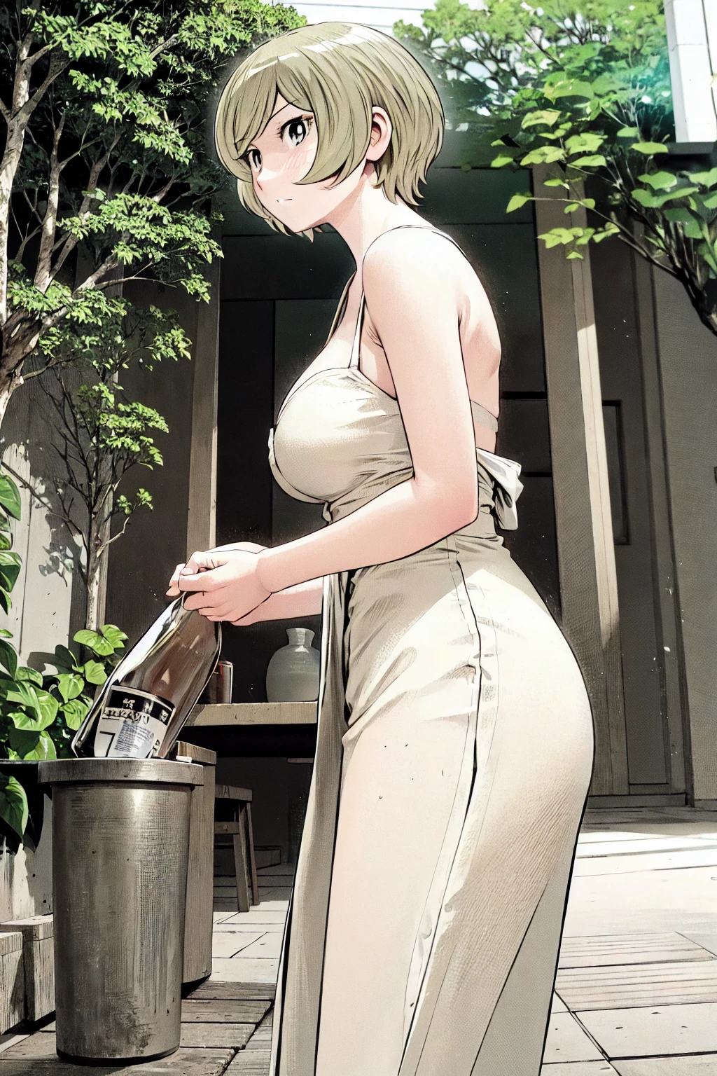、(masterpiece、Highest quality)、Highest quality, Ultra-high resolution, (((masterpiece))), alone, Sweat、Big eyes, No sleeve、Outdoor、Floral dress、Composition from the front、（Cut the back hair short、short hair、blonde、woman）、Shortcuts、Embarrassed face、Cut your hair short、可愛いwomanの子、Big Breasts、NSFW