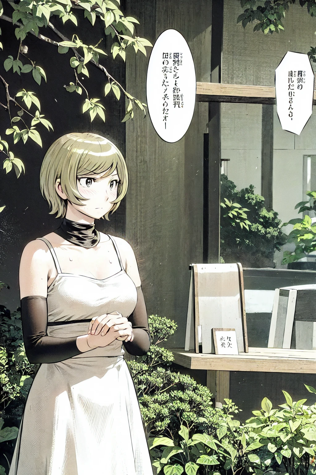 、(masterpiece、Highest quality)、Highest quality, Ultra-high resolution, (((masterpiece))), alone, Sweat、Big eyes, No sleeve、Outdoor、Floral dress、Composition from the front、(Cut the back hair short、short hair、blonde、woman)、Shortcuts、Embarrassed face、Cut your hair short、可愛いwomanの子、Big Breasts、NSFW