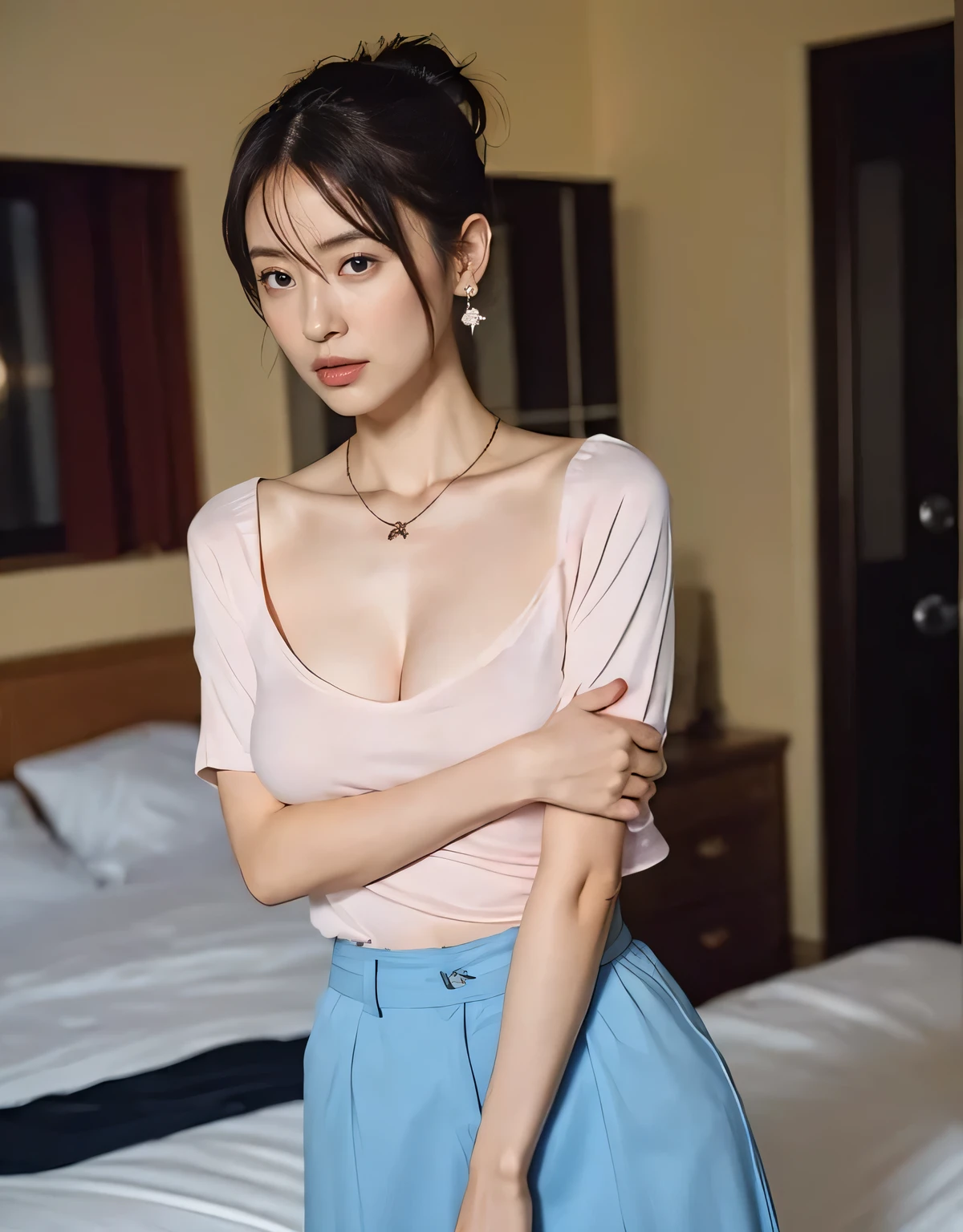 ((Wide-angle photography, Sex Photo, Clear photos, Take a full body photo:1.5)),
(Trendy fashion for work, Crew neck short sleeve T-shirt, Long skirt, Colorful clothes:1.6),
(No bra, The shape of the nipples is visible,rich,Beautiful thighs,Ultra-detailed skin,Small pores in the skin:1.4),
((Her body is incredibly beautiful and stylish, She has an angry look:1.4)),
((Cowgirl, Sexy outfit, Dressing up to seduce a man:1.5)),
((32 years old, Beautiful sister in law, Naughty lips, Sexy body, Body facing forward:1.4)),
((Small breasts, Flat Chest, chest is slightly drooping:1.2)),
((Large bedroom, Spotlight:1.4)),
Eye focus, Narrow shoulders, Beautiful clavicle, Thin arms, Thin legs, The back of the hand is beautiful and feminine, Slim figure, Soft belly, Tight waist, Highly detailed face, super detailed breasts, Ultra-detailed skin, Fair skin, Shiny skin, Ultra-detailed lips, Fuller lips, Thick and soft lips, Glossy pink lips, Blushing, White teeth, blue eyes, Beautiful actress makeup, Intense and cute makeup, Pink lipstick, Dark brown hair, Delicate and soft hair, (Put your hair up, Fluffy short bob, ponytail:1.2), (Sweep your bangs to the side:1.2), (Stylish earrings,necklace:1.2),