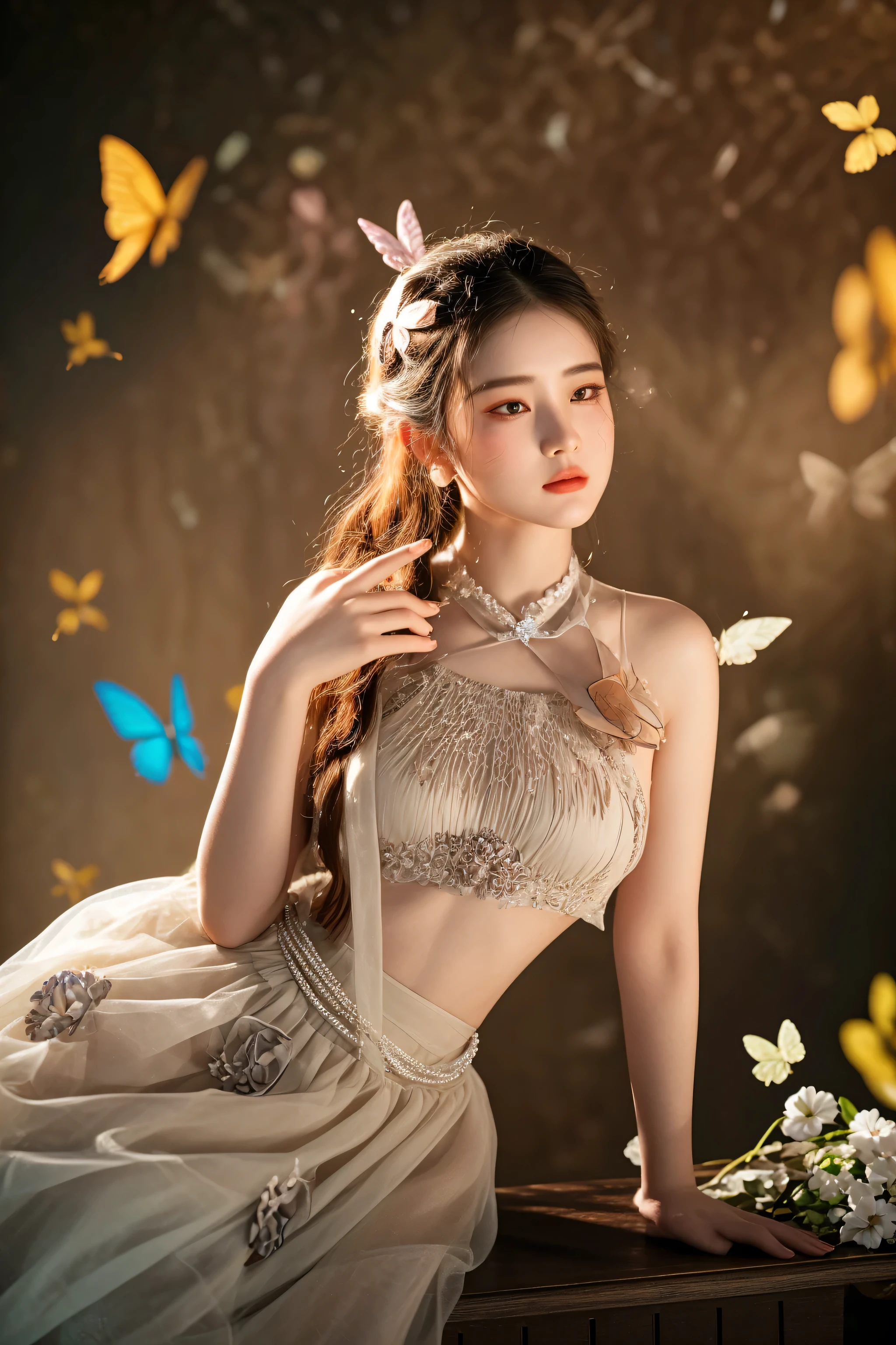 there is a woman sitting on a table with a butterfly in her hair, fantasy photoshoot, a stunning young ethereal figure, ethereal beauty, fashion photograhy, inspired by Chen Yifei, beautiful adult fairy, fashion shoot 8k, fashion model photography, portrait shot, inspired by Jin Nong, fine art fashion photography, inspired by Lan Ying, editorial fashion photography