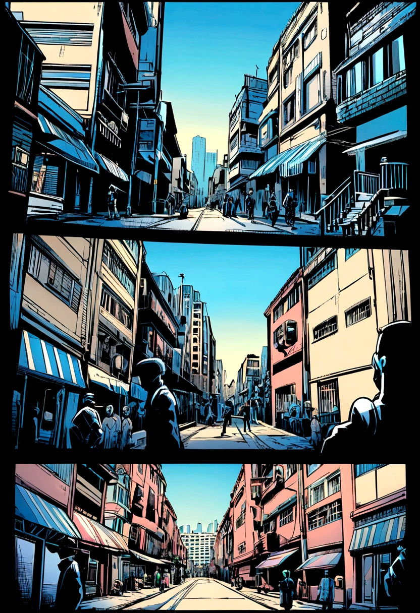 Location: Neo-noir street. Characters: Keep people in the background. Style: Frank Miller comic style
