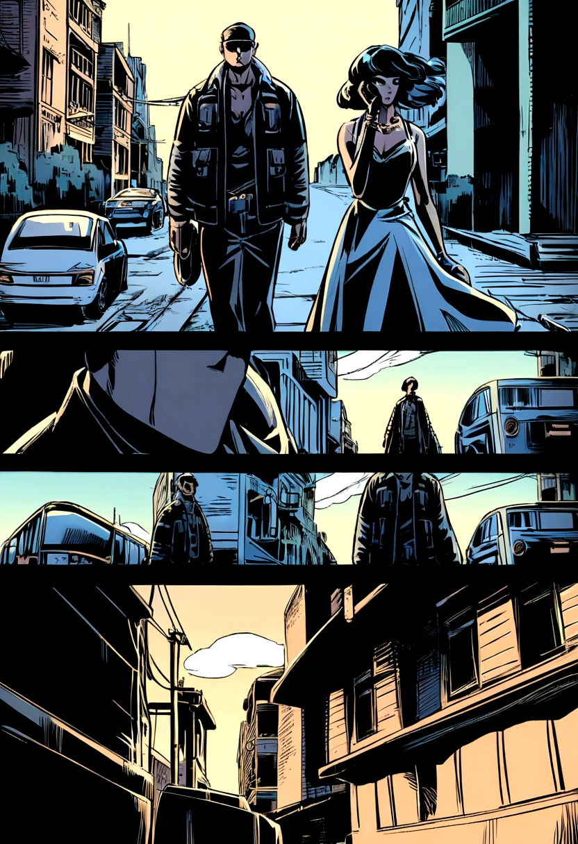 Location: Neo-noir street. Characters: Keep people in the background. Style: Frank Miller comic style