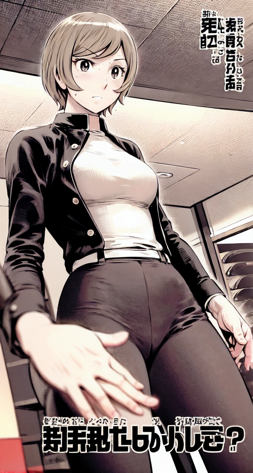 、(masterpiece、Highest quality)、Highest quality, Ultra-high resolution, (((masterpiece))), alone, Sweat、Big eyes,office、Tight white dress shirt、Tight black suit、Tight black pants、indoor、Composition from the front、(Cut the back hair short、short hair、blonde、woman)、Shortcuts、Embarrassed face、Cut your hair short、可愛いwomanの子、Big Breasts