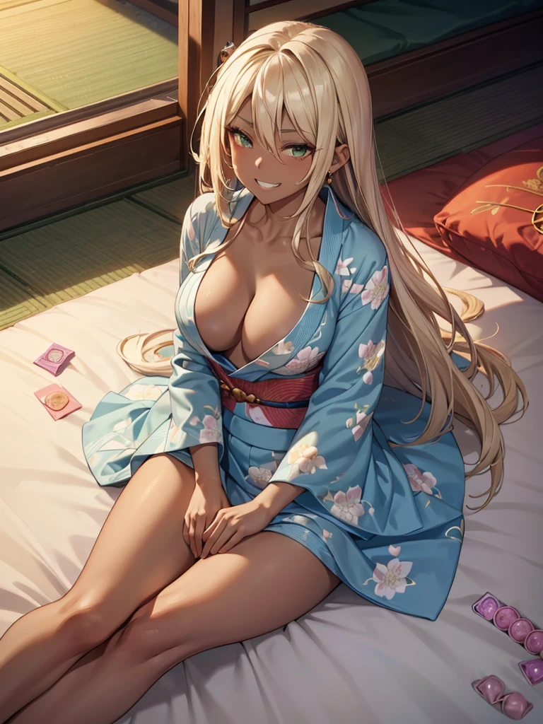 (A beautiful young Japanese woman), nsfw, Detailed Background, (((独奏))), ((Excellent anatomy: 1.2)), (Blonde, long hair), Big Tits, (dark skin:1.5), (green eyes), (Beautiful Eyes), (((print light blue stripe yukata))), (cleavage), (grin:1.4), Blushing, Earrings, (sitting on futon:1.5), (Japanese style room, tatami, futon, mattress, pillow), Beautiful thighs, from above, from front, (((Condom)))
