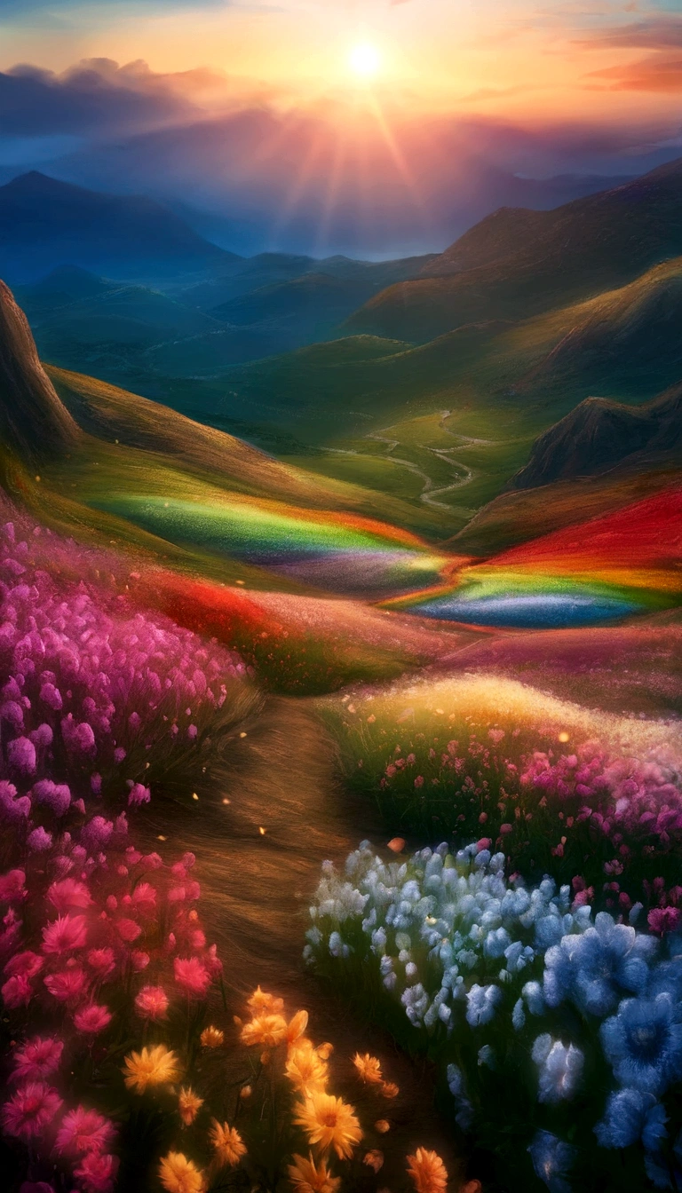 The world of Final Fantasy, a rainbow-colored flower field with no one around, each petal a rainbow color, an extremely beautiful scenery, a world of light, heaven, a world of gods, the most beautiful images, the highest quality, 8K.