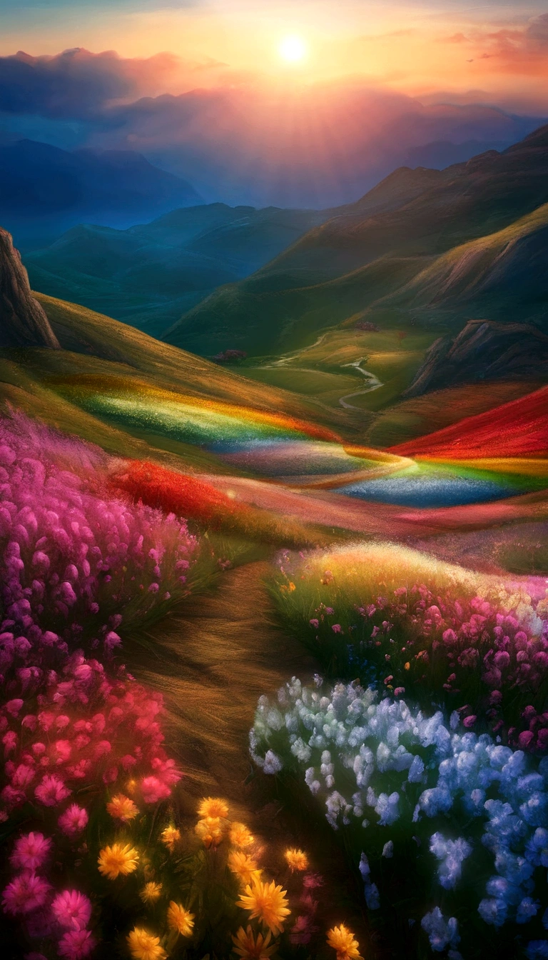 The world of Final Fantasy, a rainbow-colored flower field with no one around, each petal a rainbow color, an extremely beautiful scenery, a world of light, heaven, a world of gods, the most beautiful images, the highest quality, 8K.