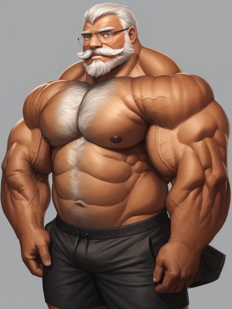 solo, 1boy, Huge Muscular Old man wearing glasses , pectoral, thick arms, huge pectoral, wide pectoral, short white hair, short pants and shirtless, bearded, mustache, simple background, masterpiece, high detailed, 8k, high resolution