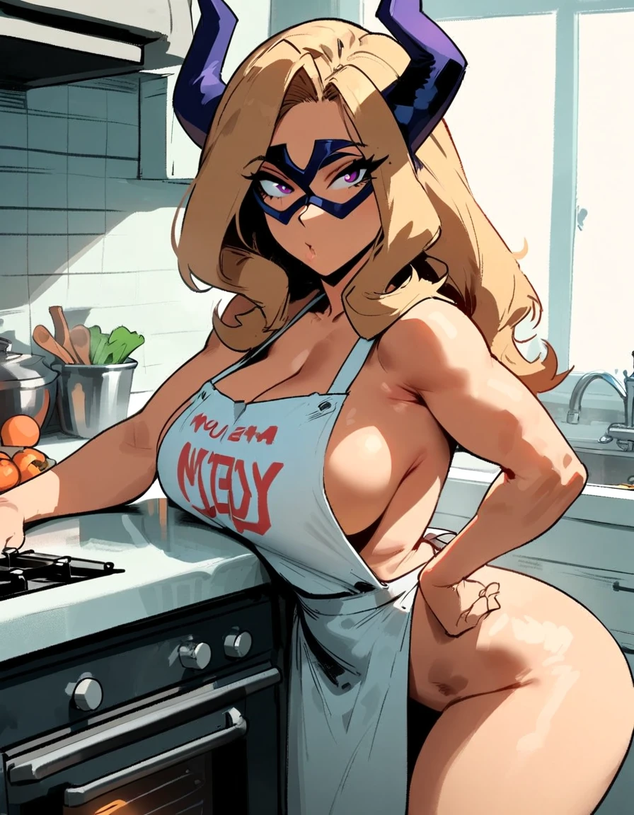 1girl, mount lady, boku no hero academia \\\\\ masterpiece, best quality, very aesthetic, absurdres, newest \\\\\\ sportive body, \\\\\\ by dodok, nyantcha, cutesexyrobutts, by khyle ///// blonde, purple eyes, , 24 years old,kitchen, wearing only apron, big tits, naked, rating general